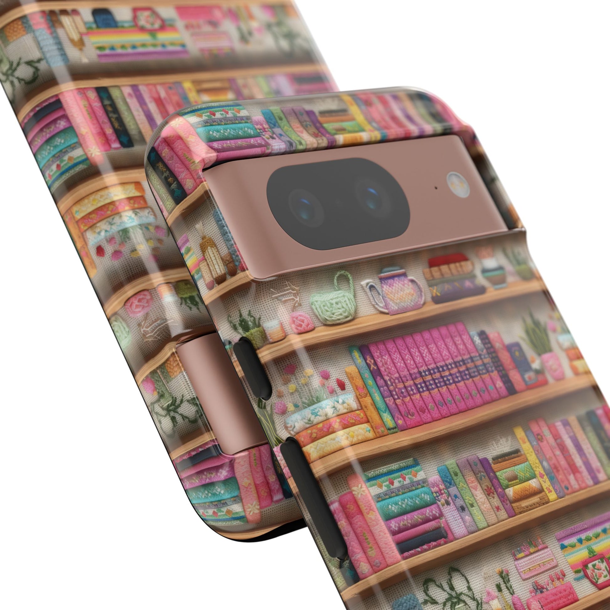 Whimsical 3D Embroidery Illusion Books on Pastel Shelves Phone Case for iPhone, Samsung & Pixel: Unique Accessory for Literary Enthusiasts Gift for Her Perfect for Floral Lover