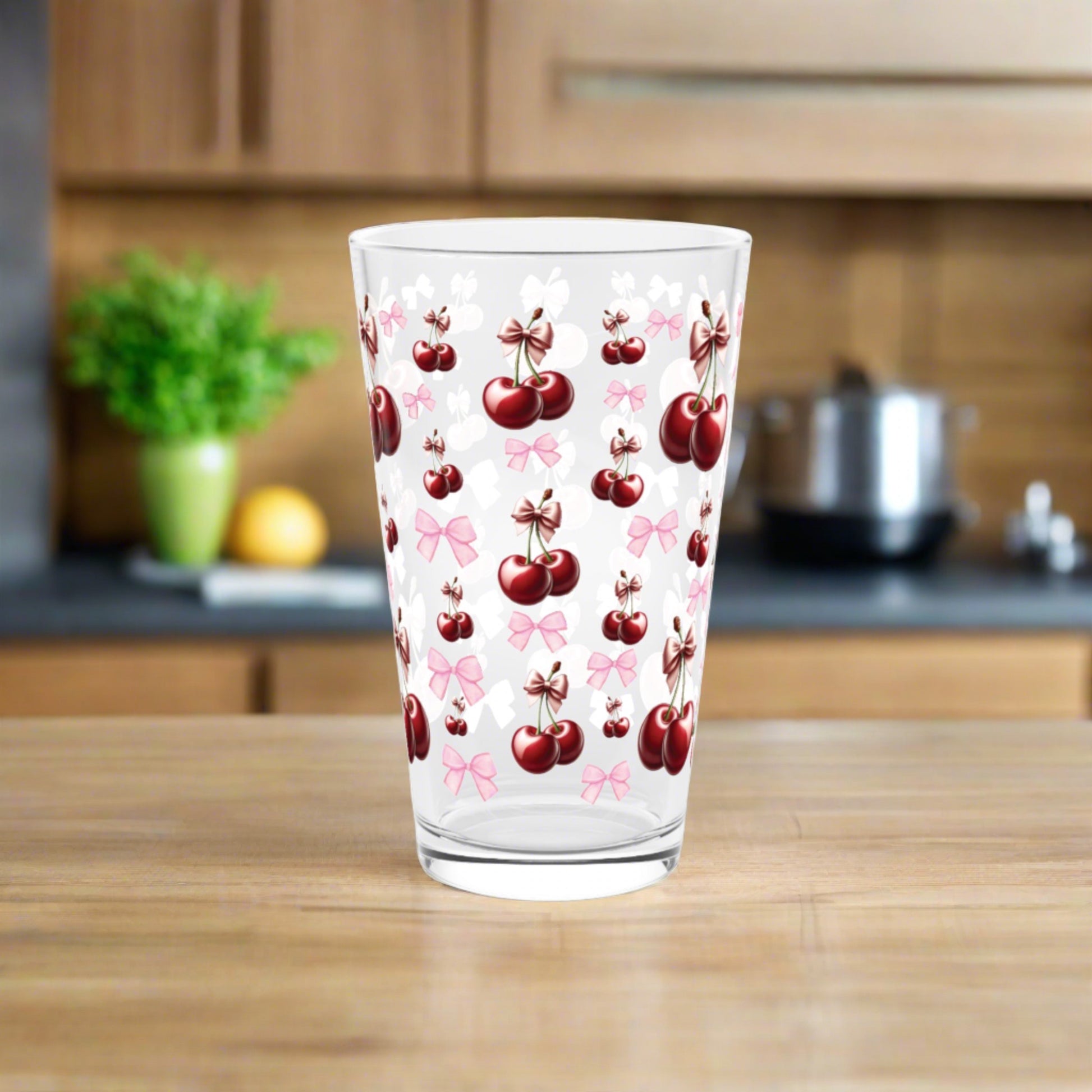 Cherry and Pink Bow 16 oz Pint Glass Elegant Drinkware for Everyday Use | Perfect for Home Perfect for Every Occasion Mother's Day Party Drinkware, Housewarming Perfect Gift Party Drinkware, Cocktail, Wedding Perfect for Parties - MRSBYVALLE