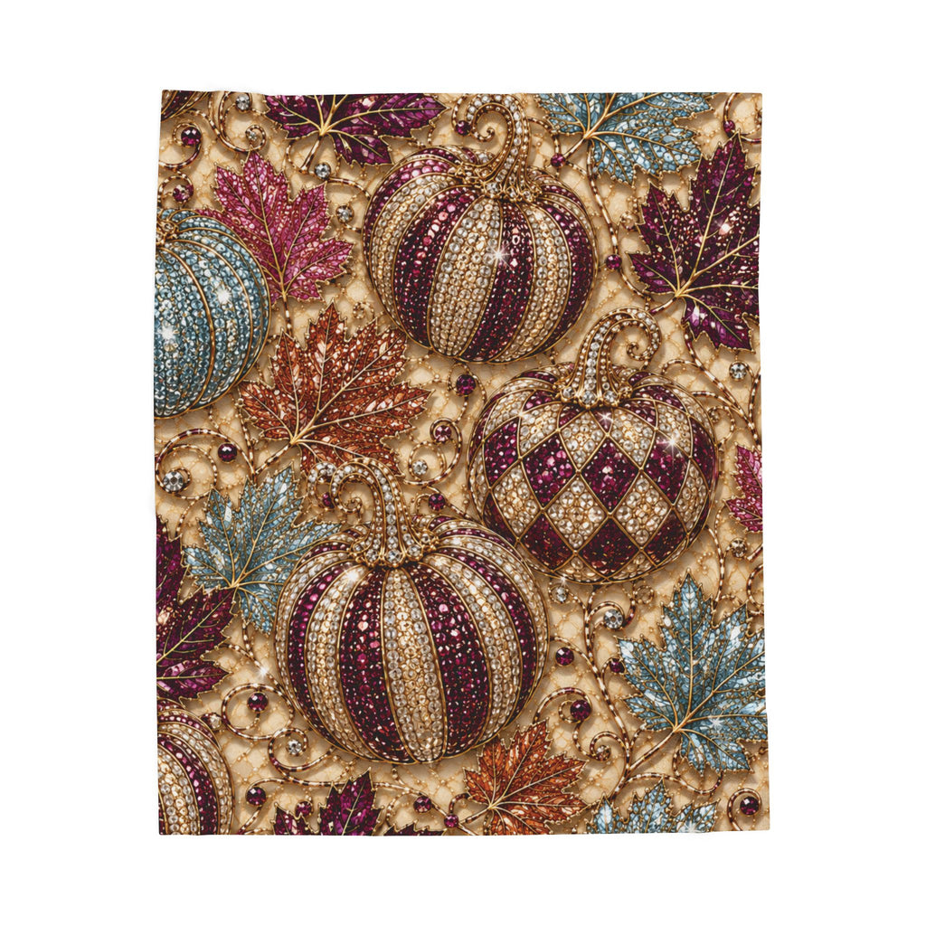 Plush Blanket - Jewel-Toned Decorative Pumpkins & Leaves Fall Throw Rhinestone Faux