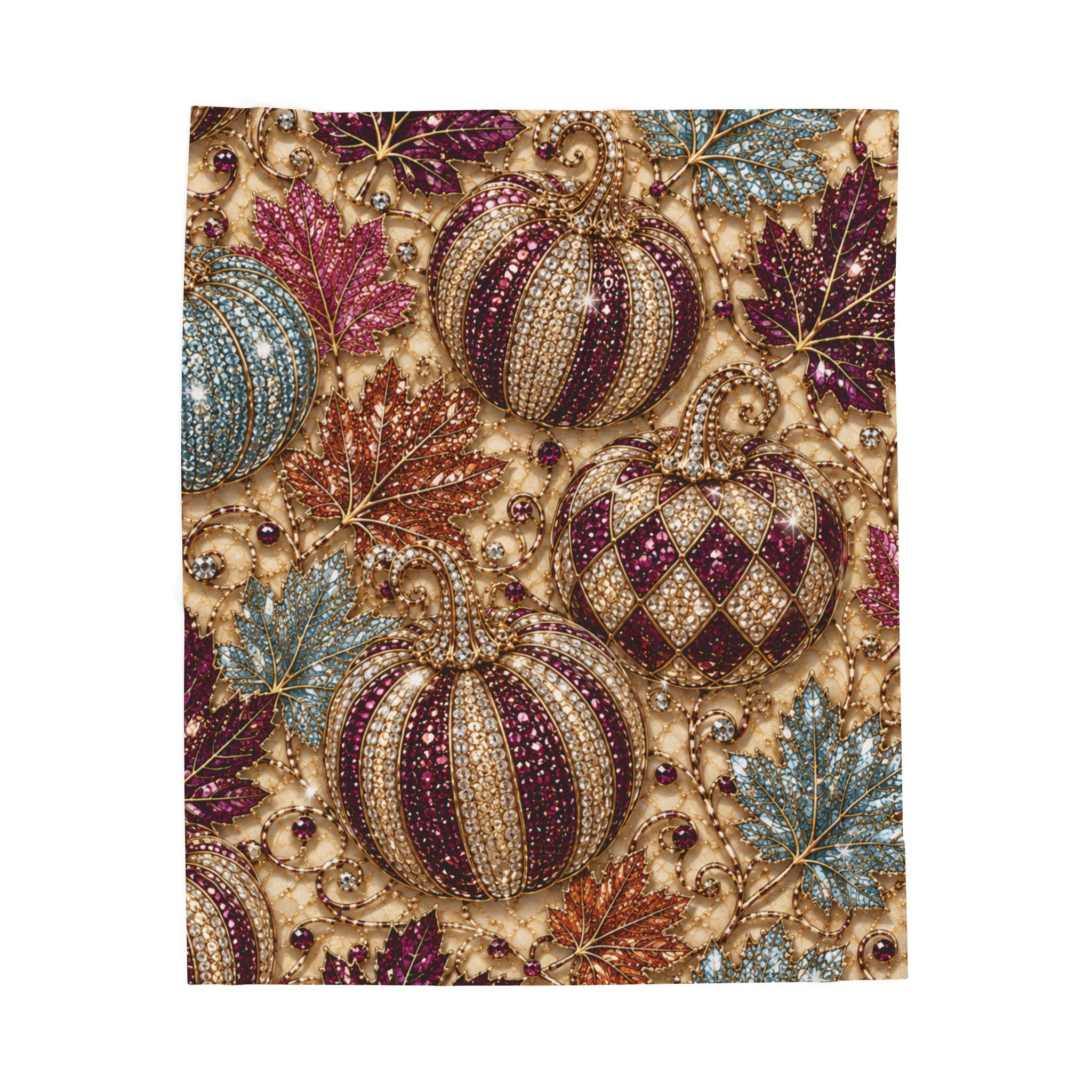 Plush Blanket - Jewel-Toned Decorative Pumpkins & Leaves Fall Throw Rhinestone Faux