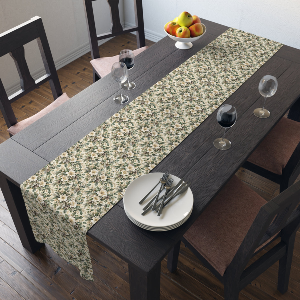 Sage Green & Champagne Floral Table Runner
