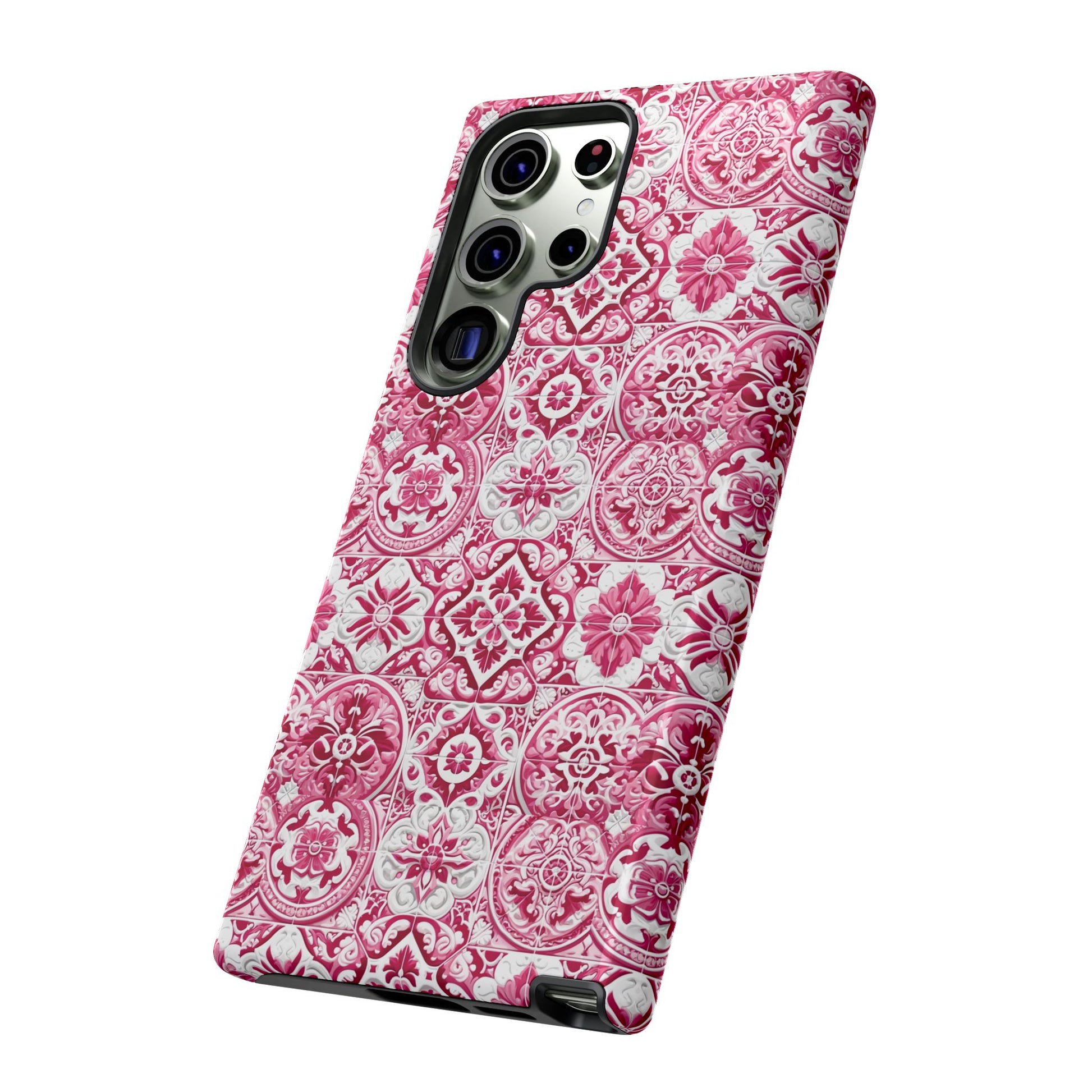 Pink and White Mediterranean Tile Design Phone Case - Stylish, Protective Cover for All Models Gift for Mom Accessory Gift for Her