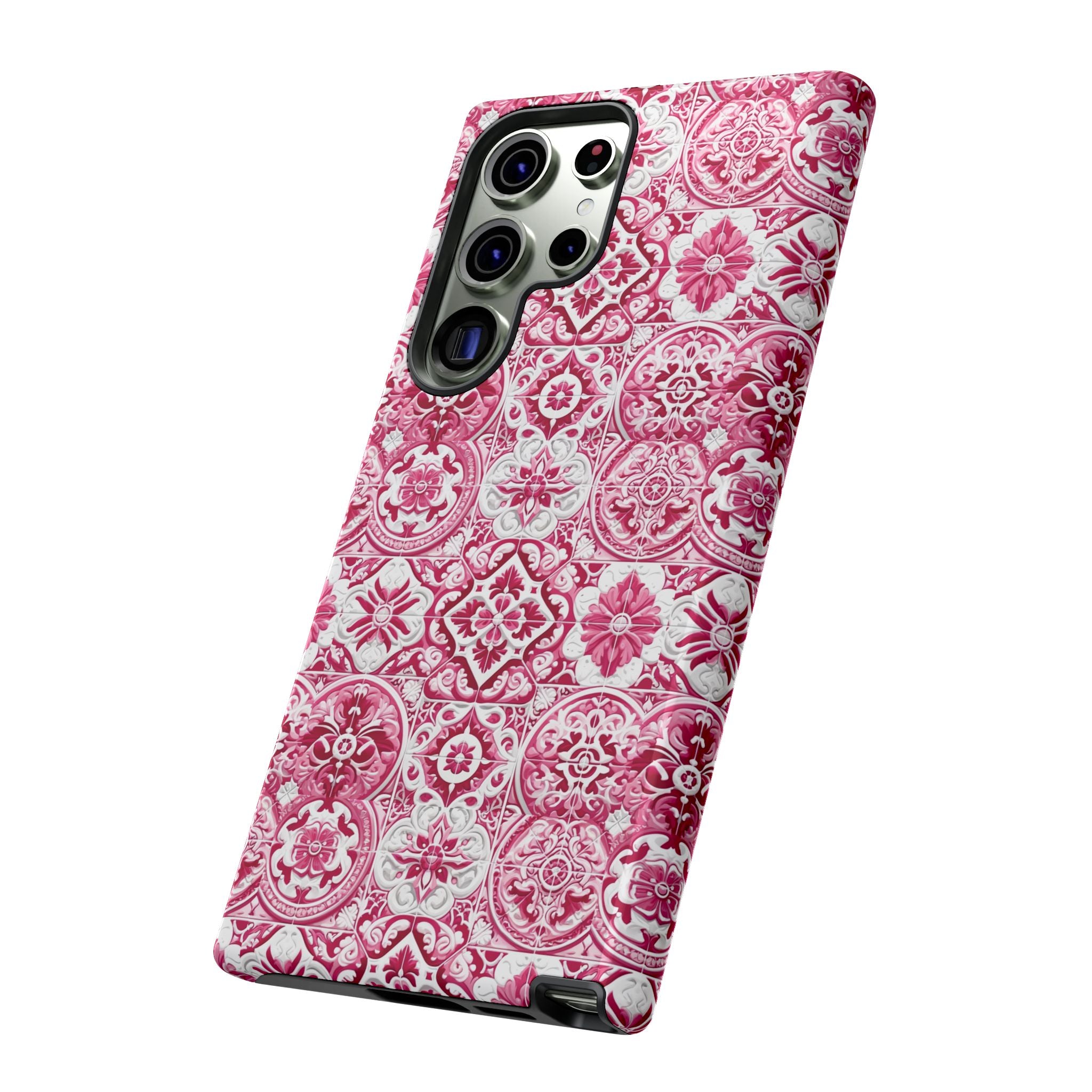 Pink and White Mediterranean Tile Design Phone Case - Stylish, Protective Cover for All Models Gift for Mom Accessory Gift for Her