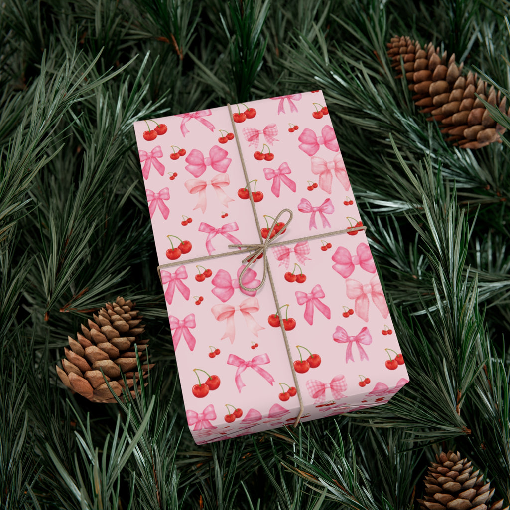 Pink Chic Coquette Wrapping Paper Pink Bows Cherries Elegance Perfect for Gifts Weddings, Bridal Baby Showers All Occasion.