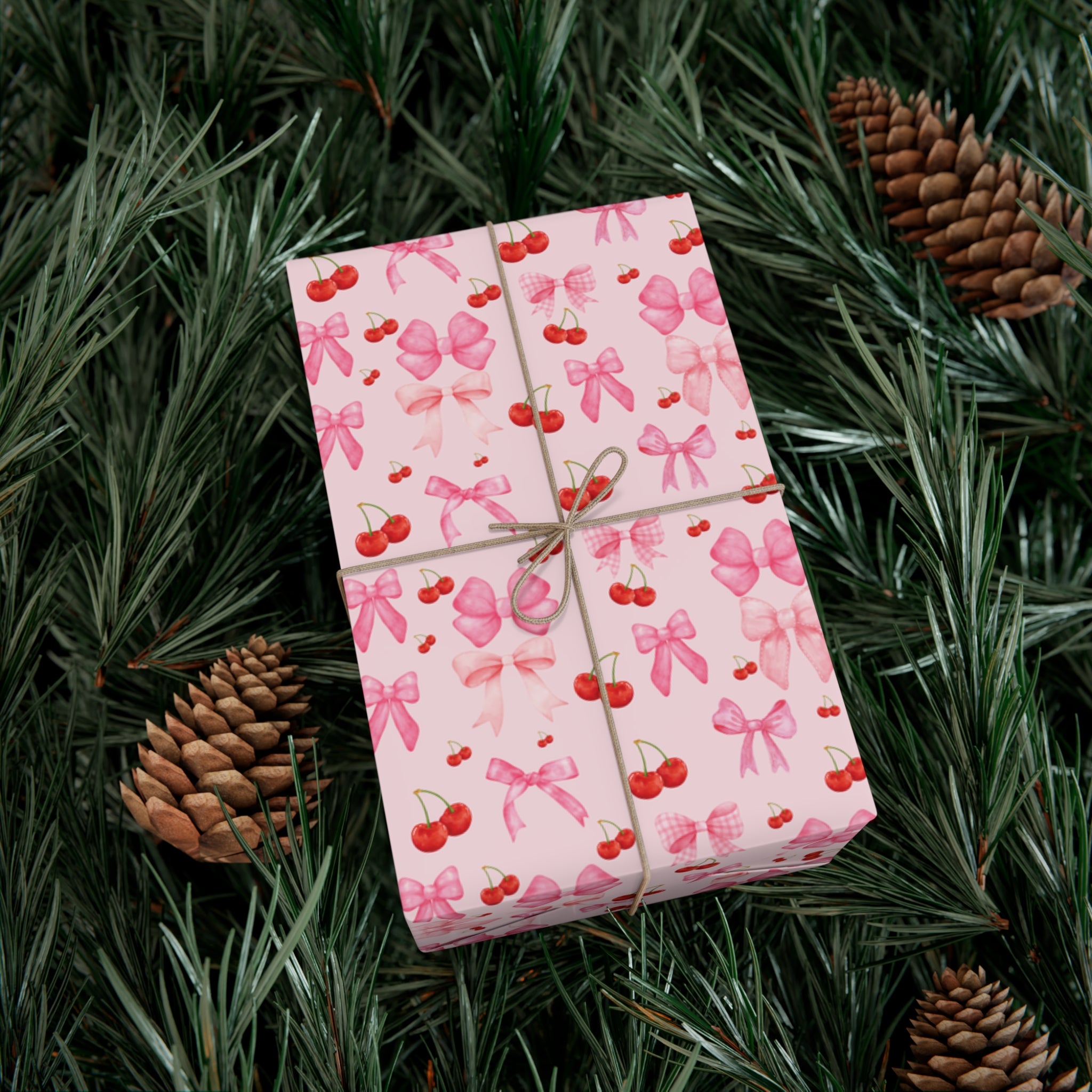 Pink Chic Coquette Wrapping Paper Pink Bows Cherries Elegance Perfect for Gifts Weddings, Bridal Baby Showers All Occasion.
