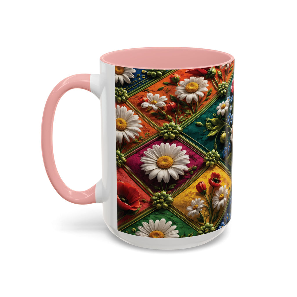 Floral Patchwork Accent Coffee Mug — Colorful Poppies & Daisies (11/15oz) 3D Illusion