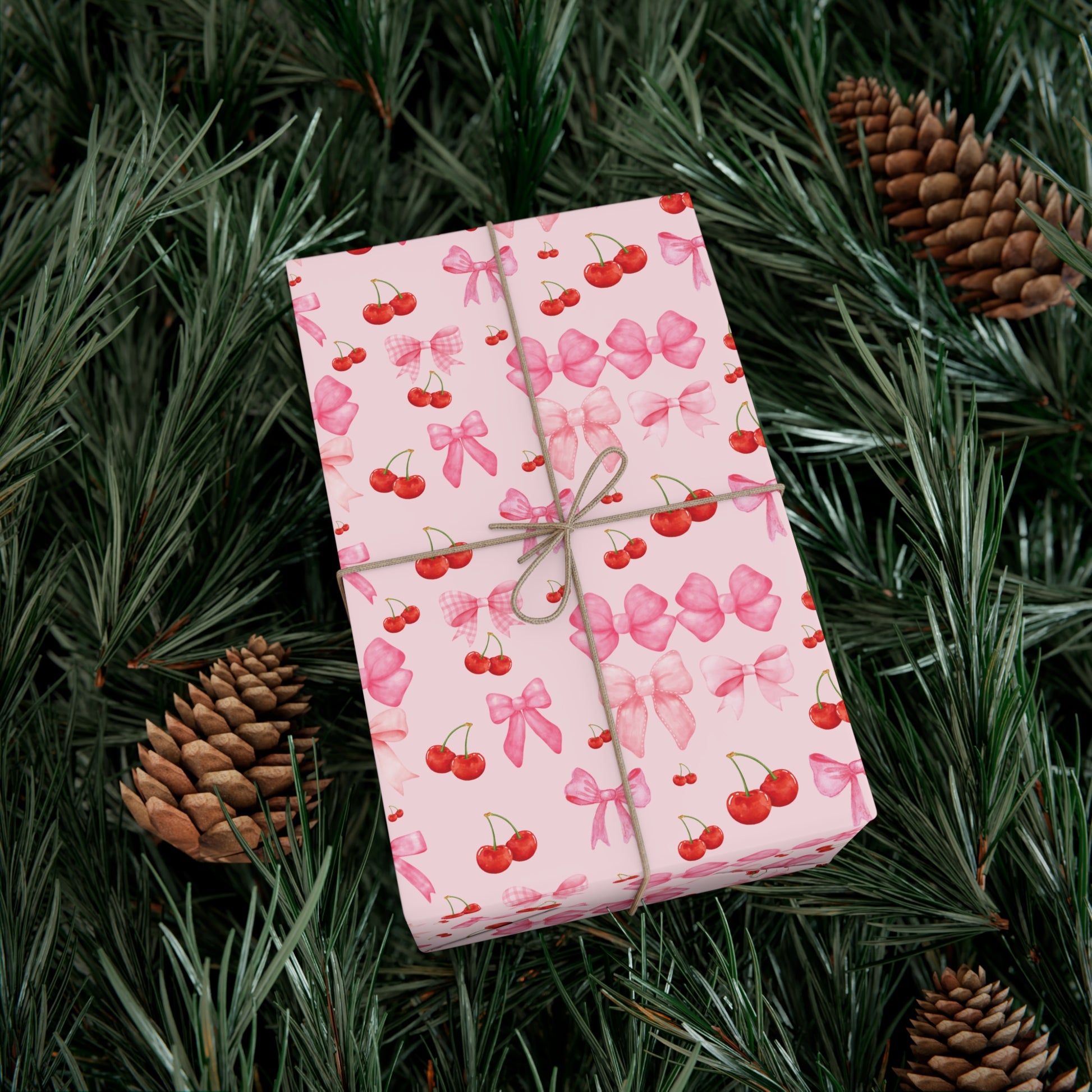 Pink Chic Coquette Wrapping Paper Pink Bows Cherries Elegance Perfect for Gifts Weddings, Bridal Baby Showers All Occasion.