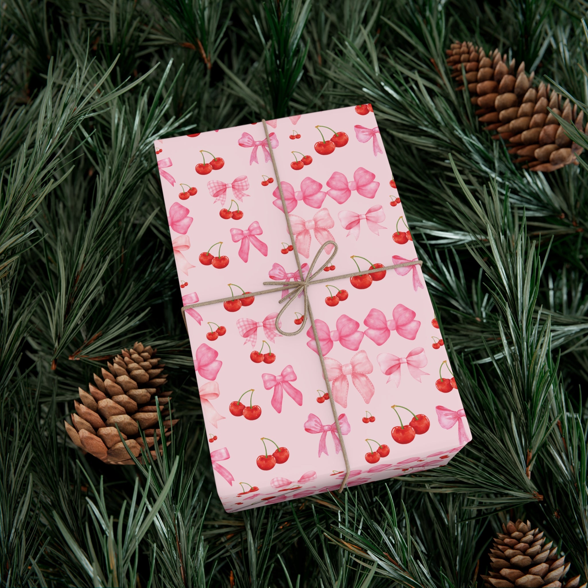 Pink Chic Coquette Wrapping Paper Pink Bows Cherries Elegance Perfect for Gifts Weddings, Bridal Baby Showers All Occasion.