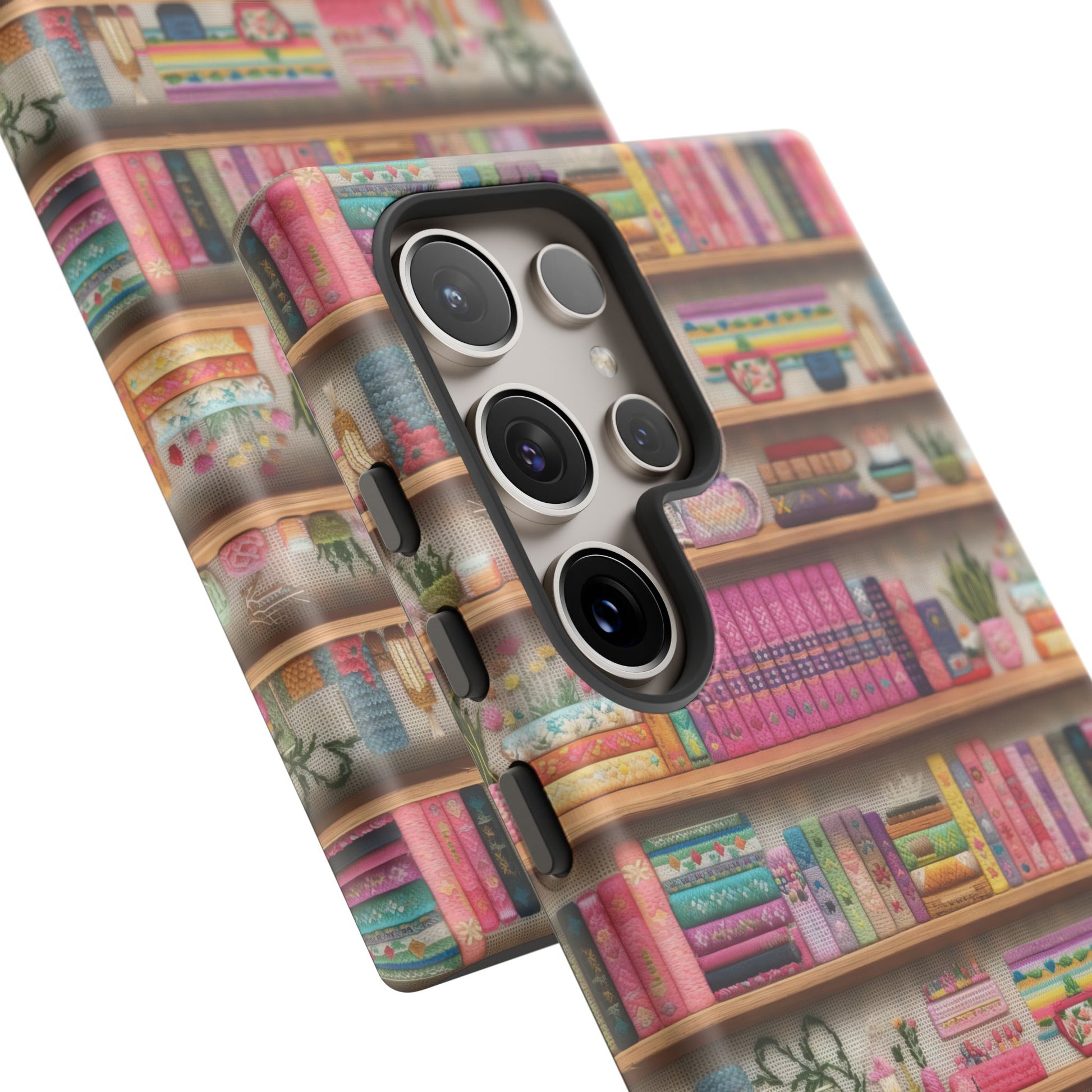 Whimsical 3D Embroidery Illusion Books on Pastel Shelves Phone Case for iPhone, Samsung & Pixel: Unique Accessory for Literary Enthusiasts Gift for Her Perfect for Floral Lover