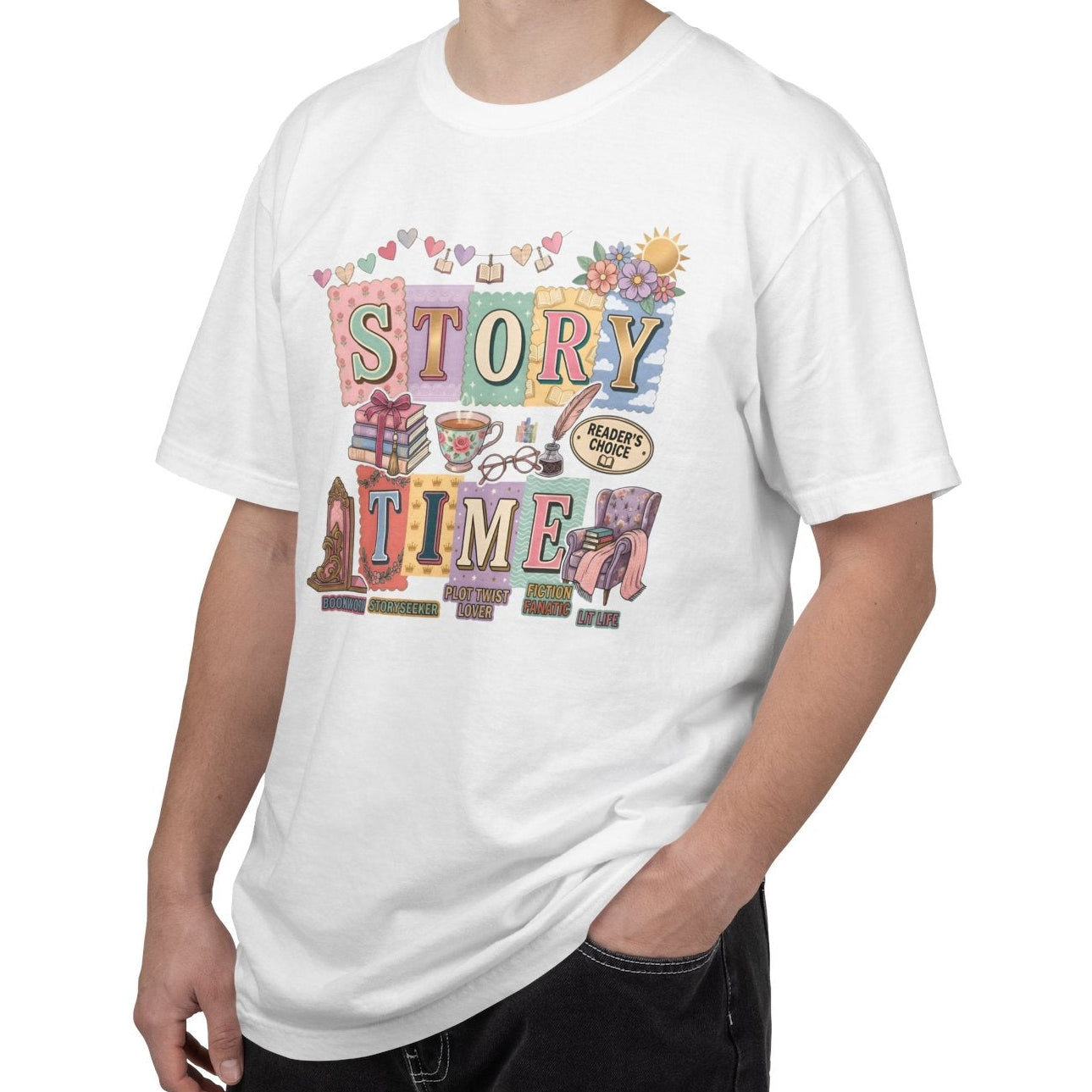 Man wearing a white t-shirt with colorful text and graphics on a white background