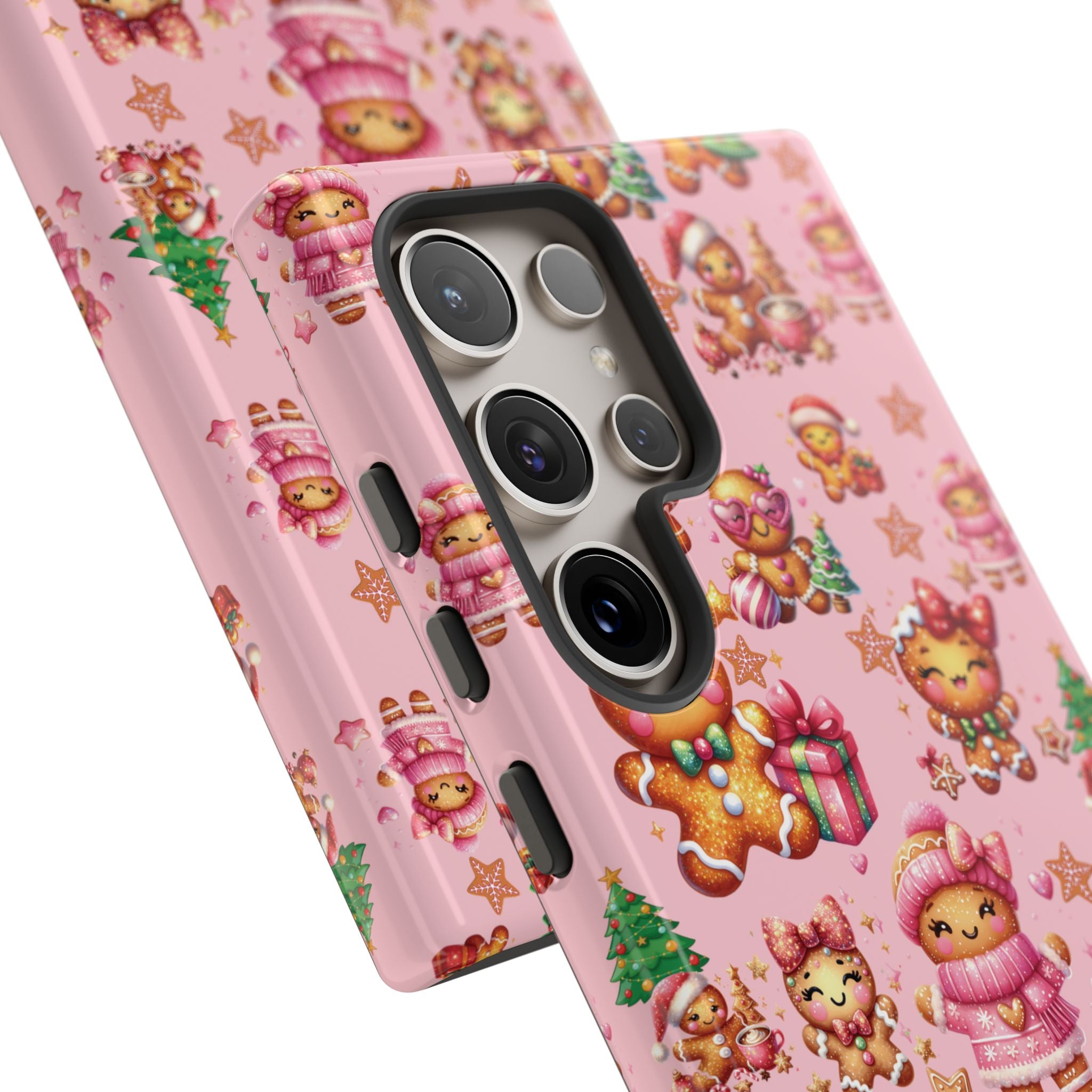 Coque de téléphone en forme de petite fille pain d'épices rose adorable, ambiance girly pour les fêtes, esthétique douce de Noël, idée cadeau mignonne et festive pour elle, housse de protection amusante