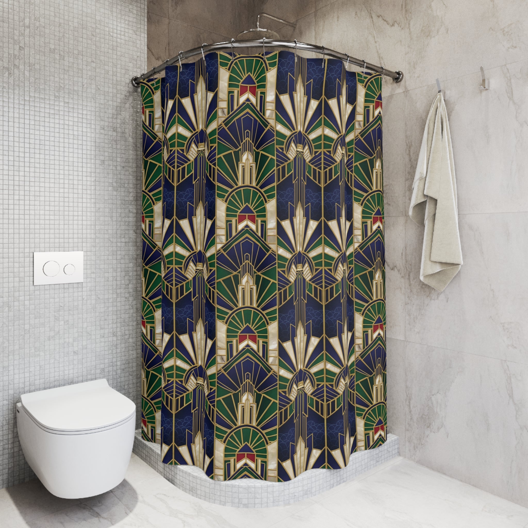 Imperial Art Deco Gold & Navy Shower Curtain — Geometric Luxury Bathroom Decor
