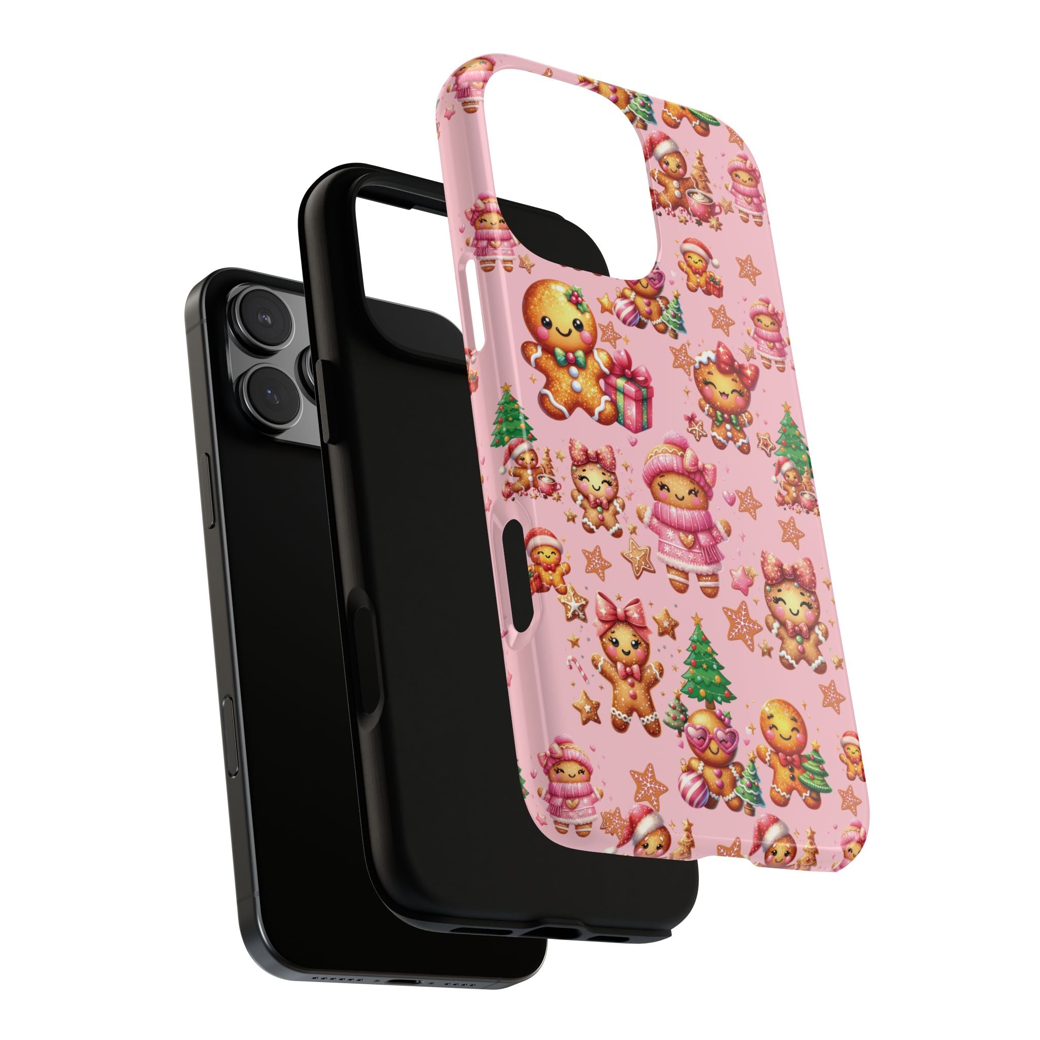Coque de téléphone en forme de petite fille pain d'épices rose adorable, ambiance girly pour les fêtes, esthétique douce de Noël, idée cadeau mignonne et festive pour elle, housse de protection amusante