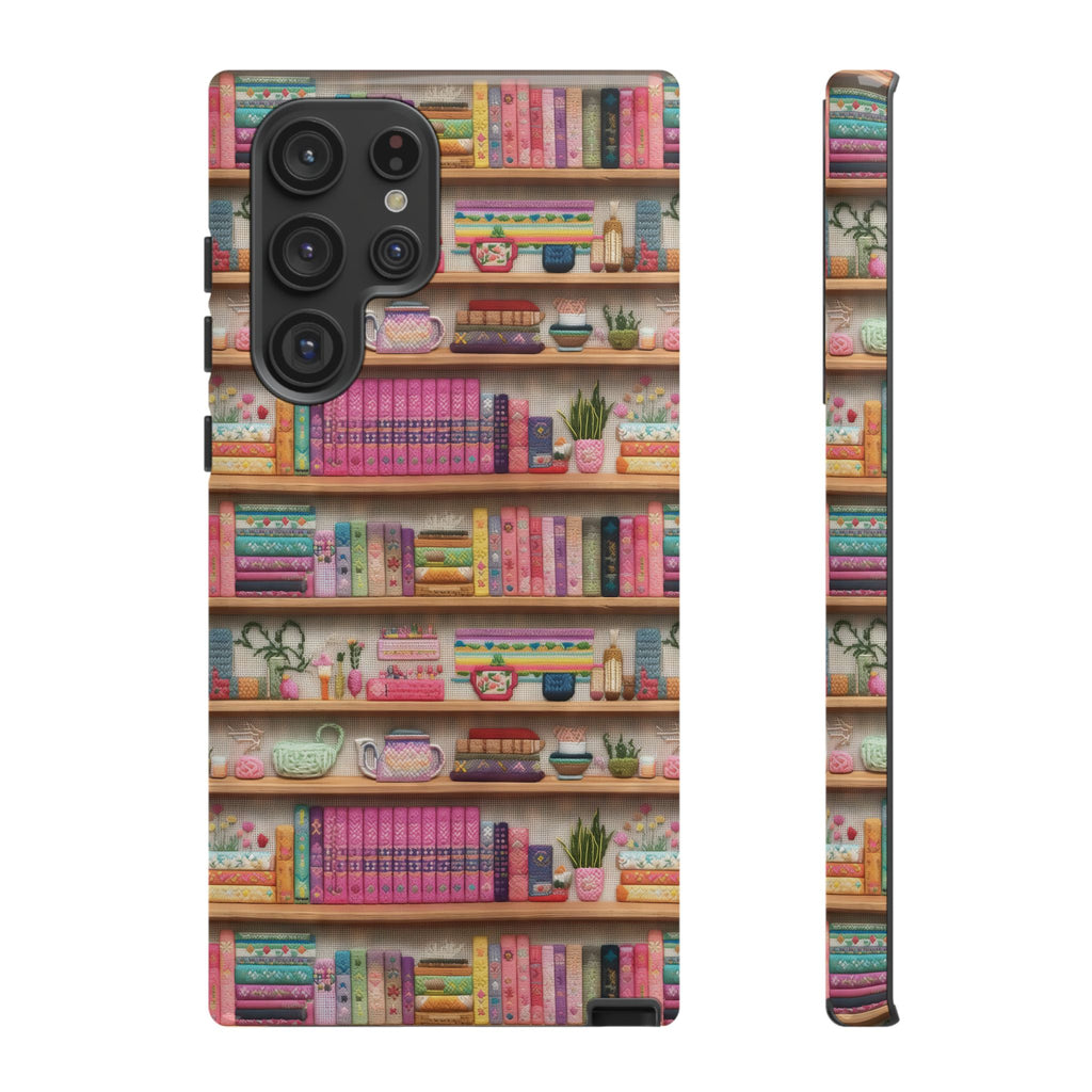 Whimsical 3D Embroidery Illusion Books on Pastel Shelves Phone Case for iPhone, Samsung & Pixel: Unique Accessory for Literary Enthusiasts Gift for Her Perfect for Floral Lover