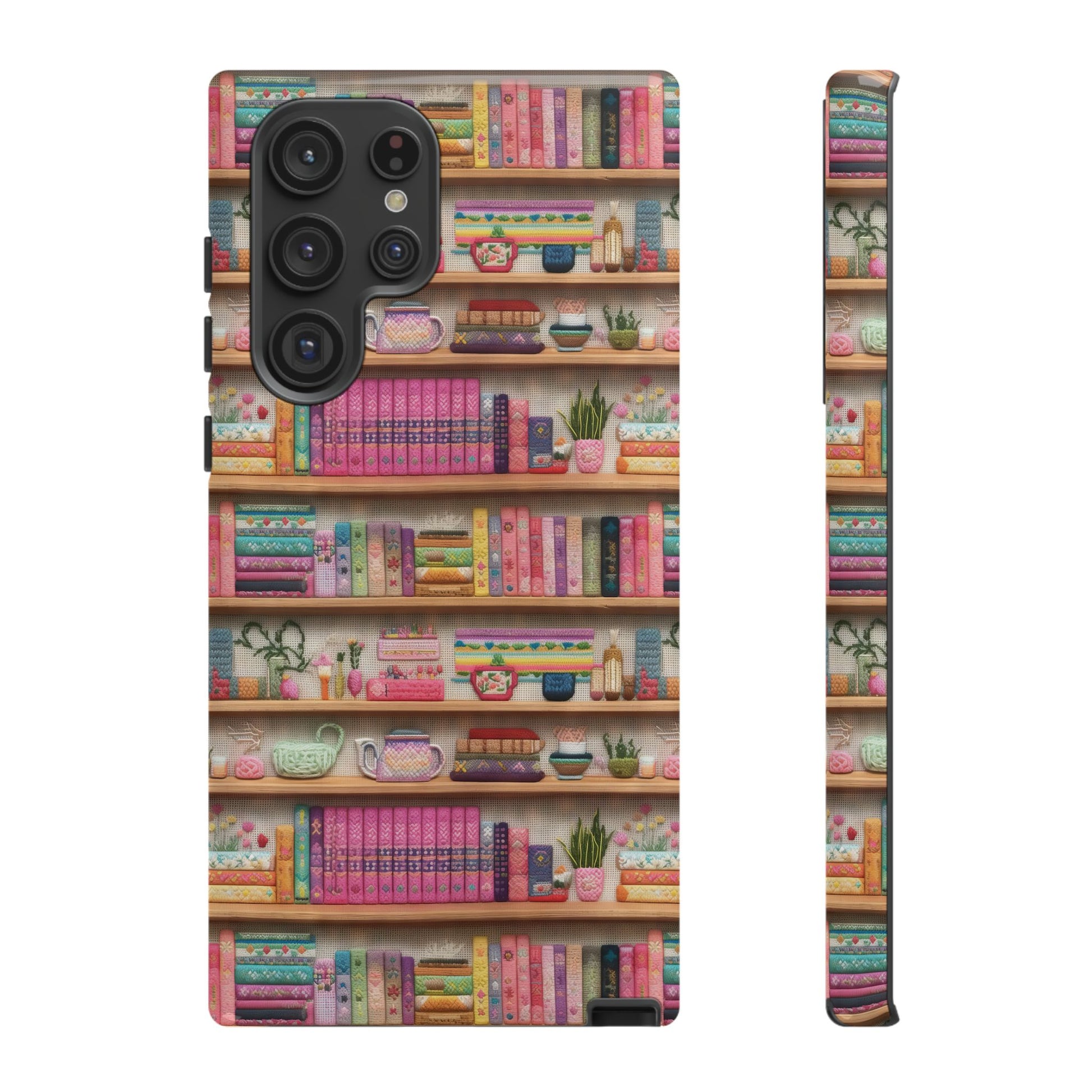 Whimsical 3D Embroidery Illusion Books on Pastel Shelves Phone Case for iPhone, Samsung & Pixel: Unique Accessory for Literary Enthusiasts Gift for Her Perfect for Floral Lover