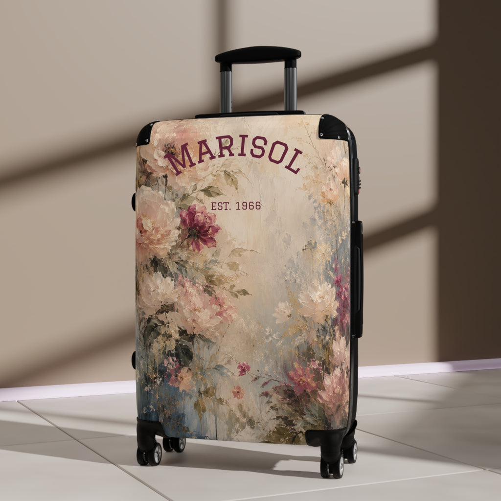 Personalized Floral Suitcase Cover — "Custom Name" Vintage Roses Travel Luggage