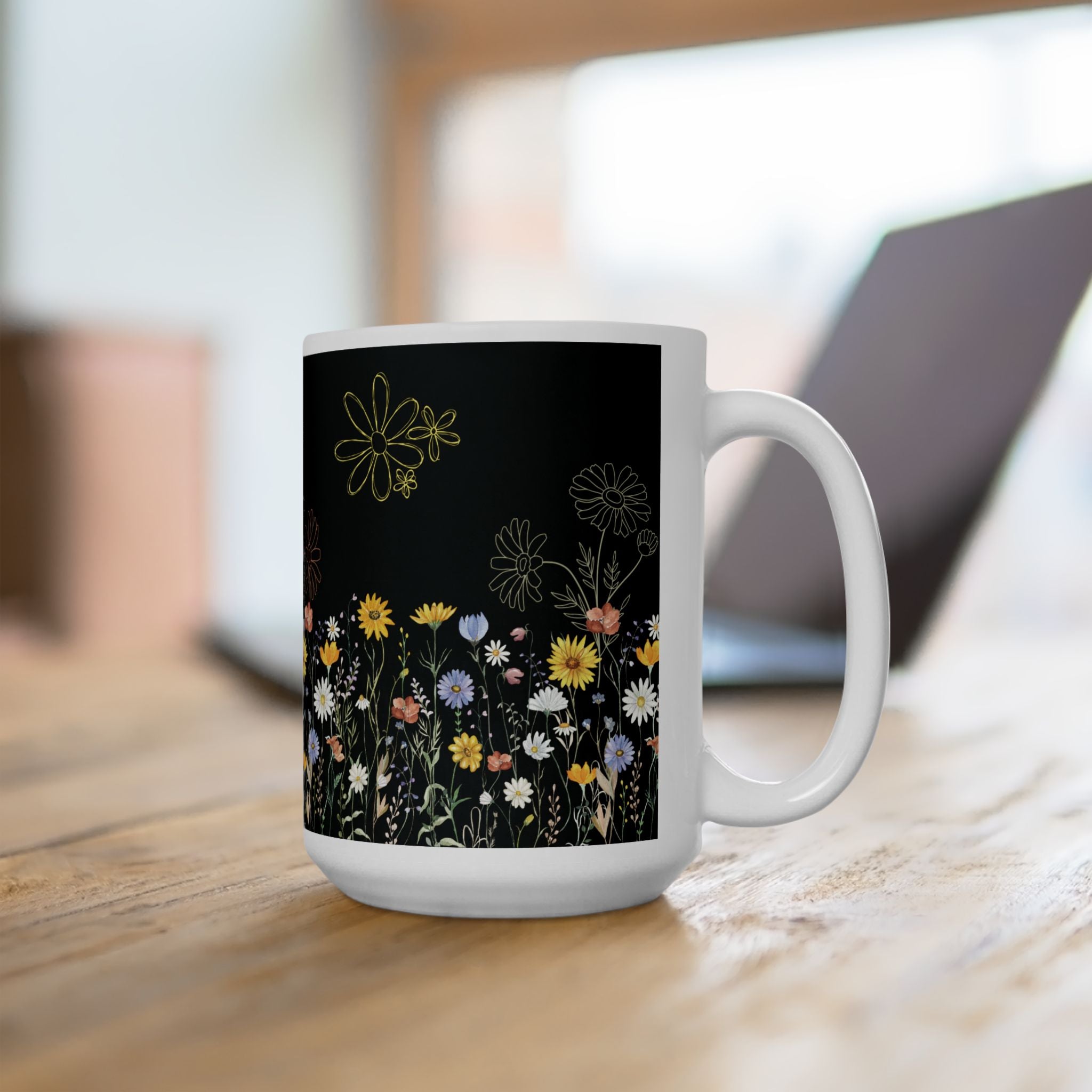 Tasse à café motif fleurs sauvages – 325 ml et 445 ml | Noire avec fleurs sauvages colorées, Tasse florale esthétique, Cadeau inspiré de la nature, Tasse compatible lave-vaisselle et micro-ondes pour maman