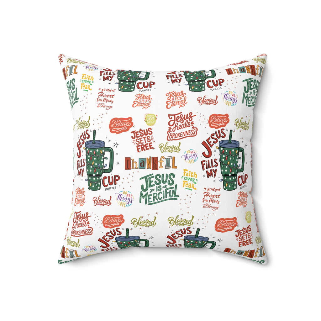 Coussin carré "Jesus Fills My Cup" – Verset biblique inspirant et affirmation chrétienne – Coussin décoratif pour la maison ou le bureau – Cadeau pour pasteur