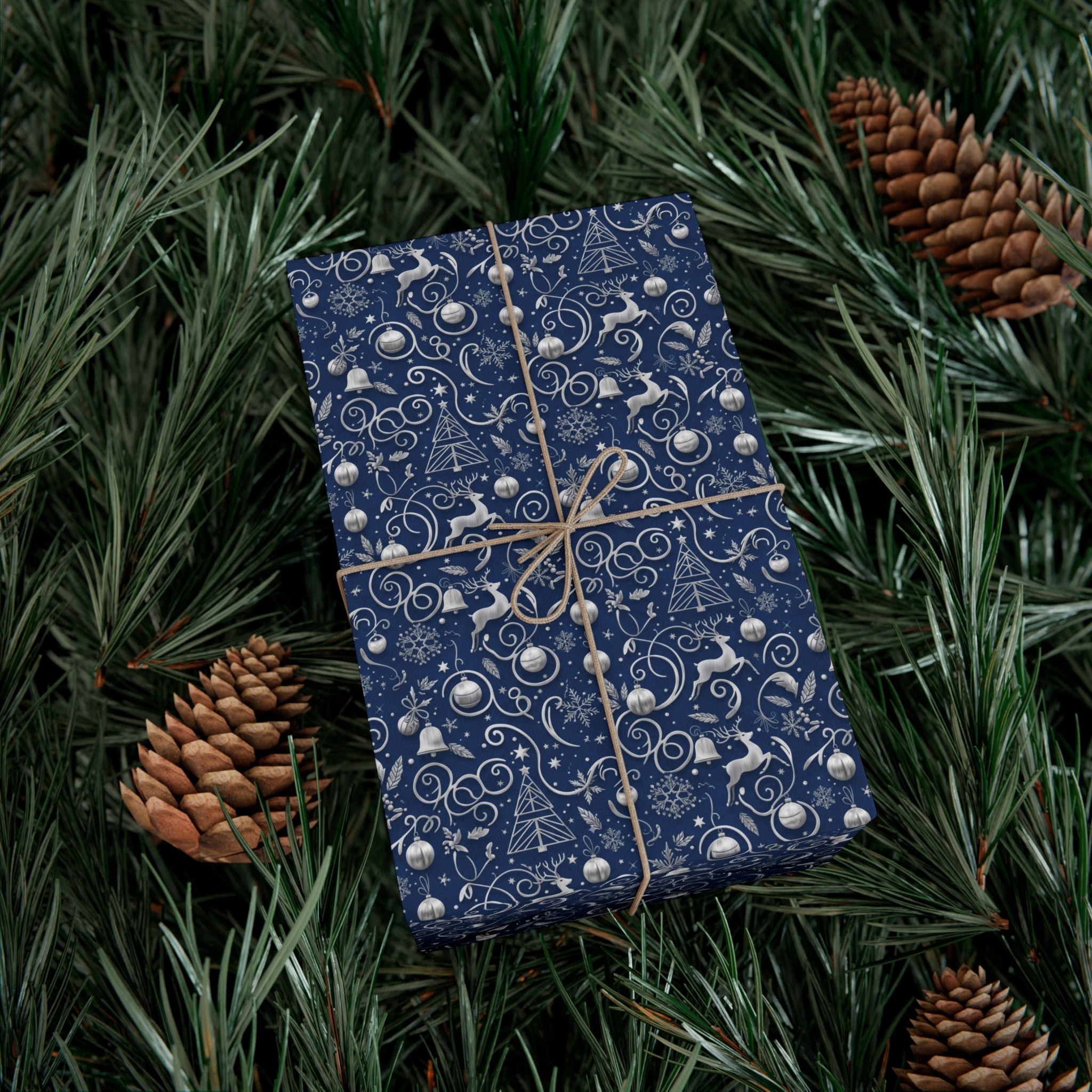 Emballage Cadeau de Noël Bleu et Argent Élégant – Feuilles et Rouleaux de Papier Cadeau Festif | MRSBYVALLE