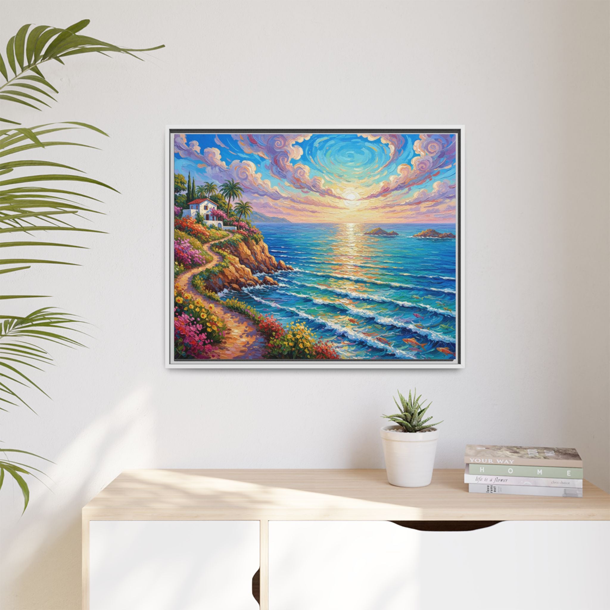 Toile imprimée florale océanique | Décoration murale colorée et lumineuse de paysage marin, œuvre d'art de bureau encadrée et mate