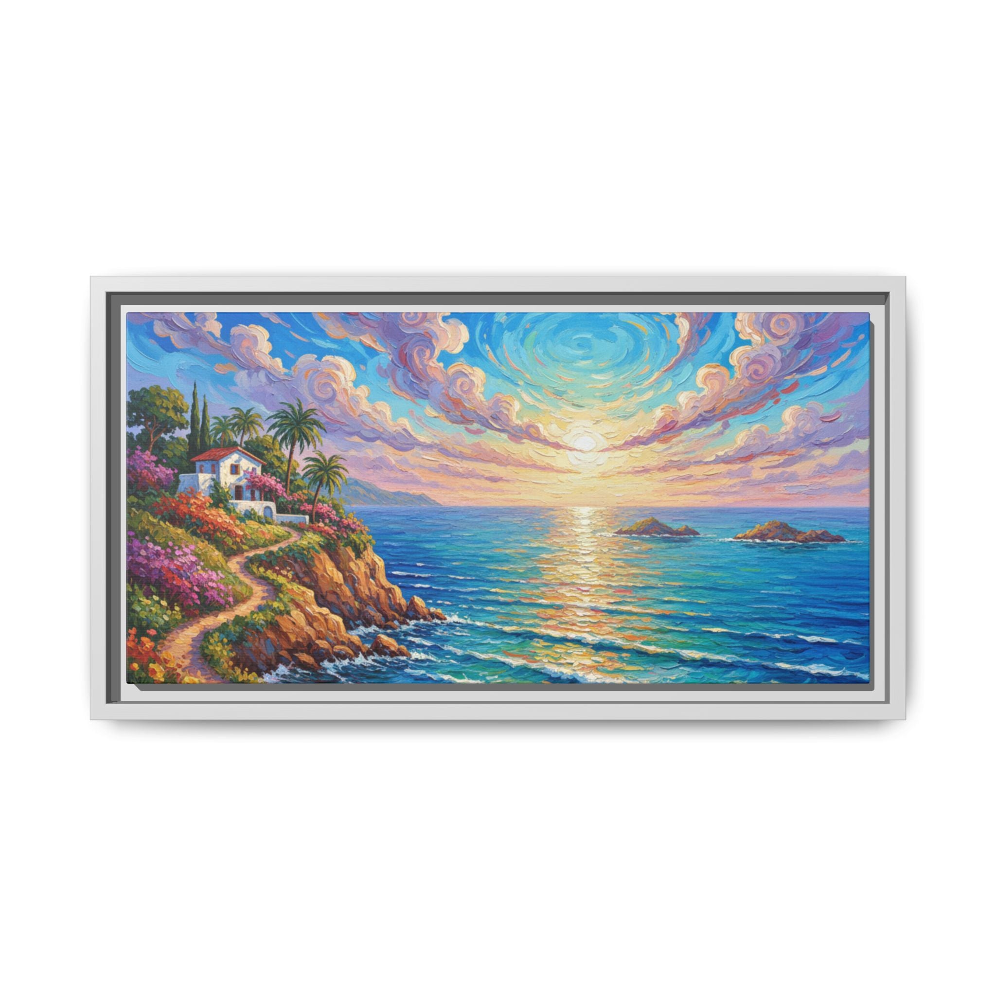Ocean Floral Print Canvas | Bright Colorful Seascape Wall Art, Framed Matte Office Art Work