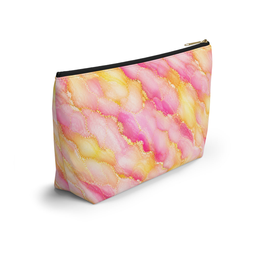 Trousse de Maquillage en Marbre Aquarelle Rose et Or – Sac à Accessoires à Fond Plat