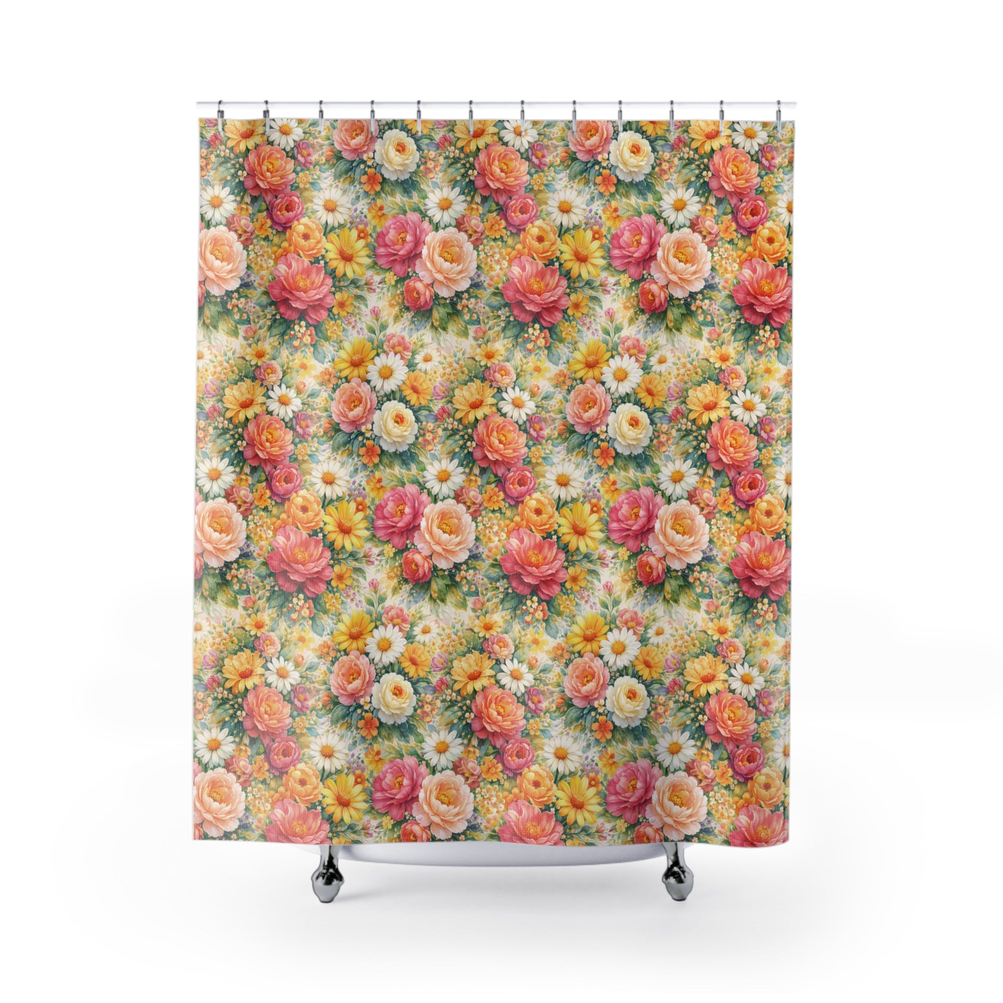 Pink and Yellow Floral Shower Curtain, Floral Bathroom Decor, Botanical Cottage Style, Nature Lover Gift, Bohemian
