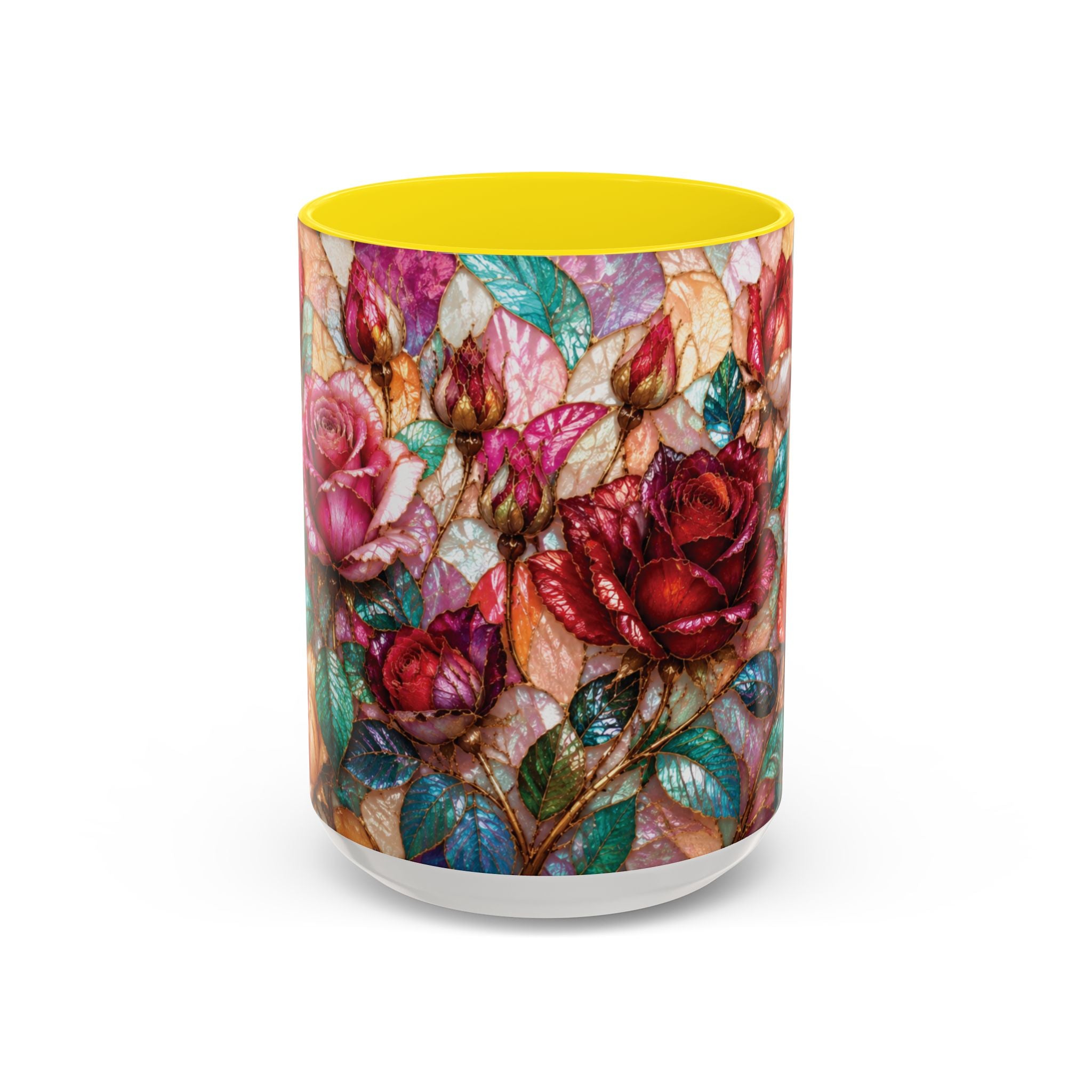 Floral Stained-Glass Accent Coffee Mug Colorful Rose Pattern (11/15 oz) Gift for Her
