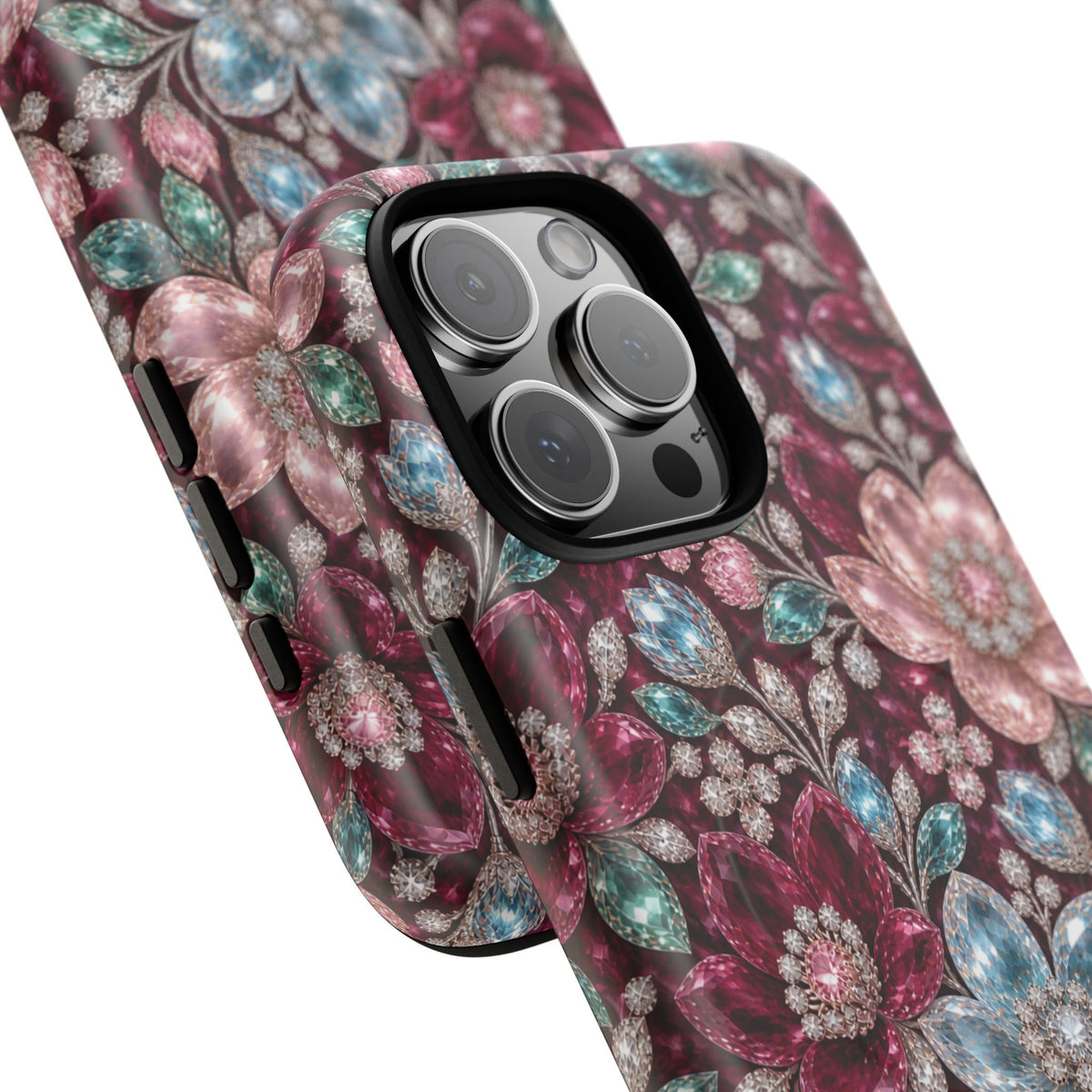 Floral faux Jewel Phone Case Sparkling Burgundy Flower Tough Magnetic Case 18 iPhone