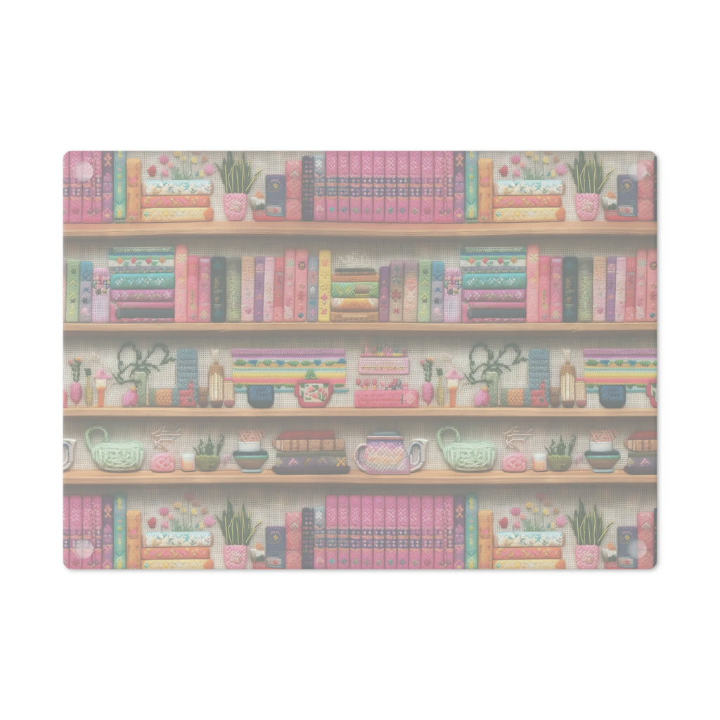 Charming 3D Embroidery Illusion Books on Pastel Shelves Glass Cutting Board Perfect for Book Lovers' Kitchens Cooking Kitchen Decor Housewarming, New House Gift - MRSBYVALLE