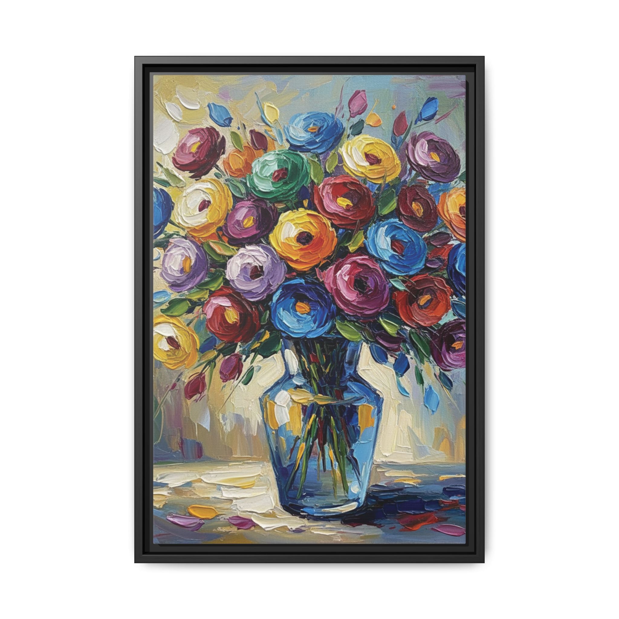 Impression sur toile bouquet floral aquarelle - Tableau mural encadré mat - Illusion de peinture à l'huile vibrante