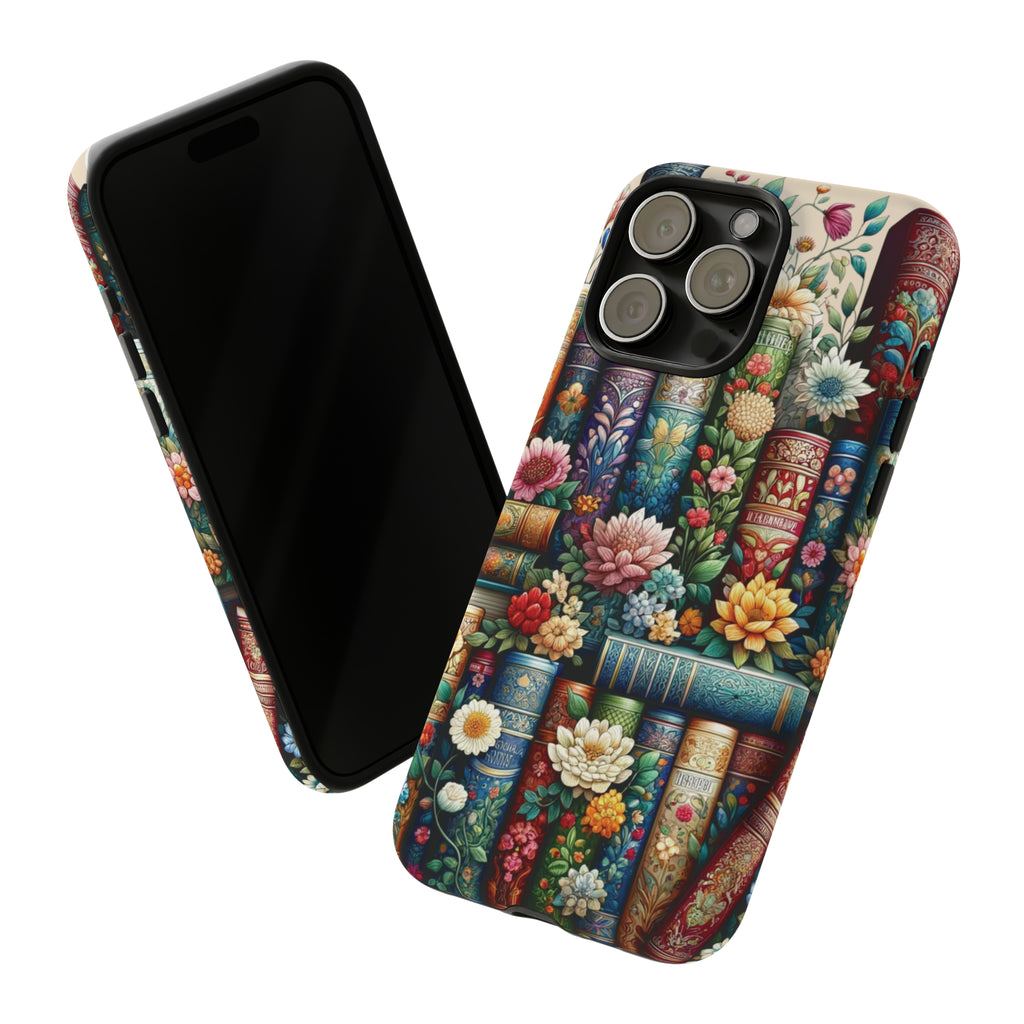 Books and Floral Boho Luxury Phone Tough Case Floral Elegant Durable Stylish for Modern Devices iPhone 15, Samsung iPhone Samsung Accessory Gift for Her.