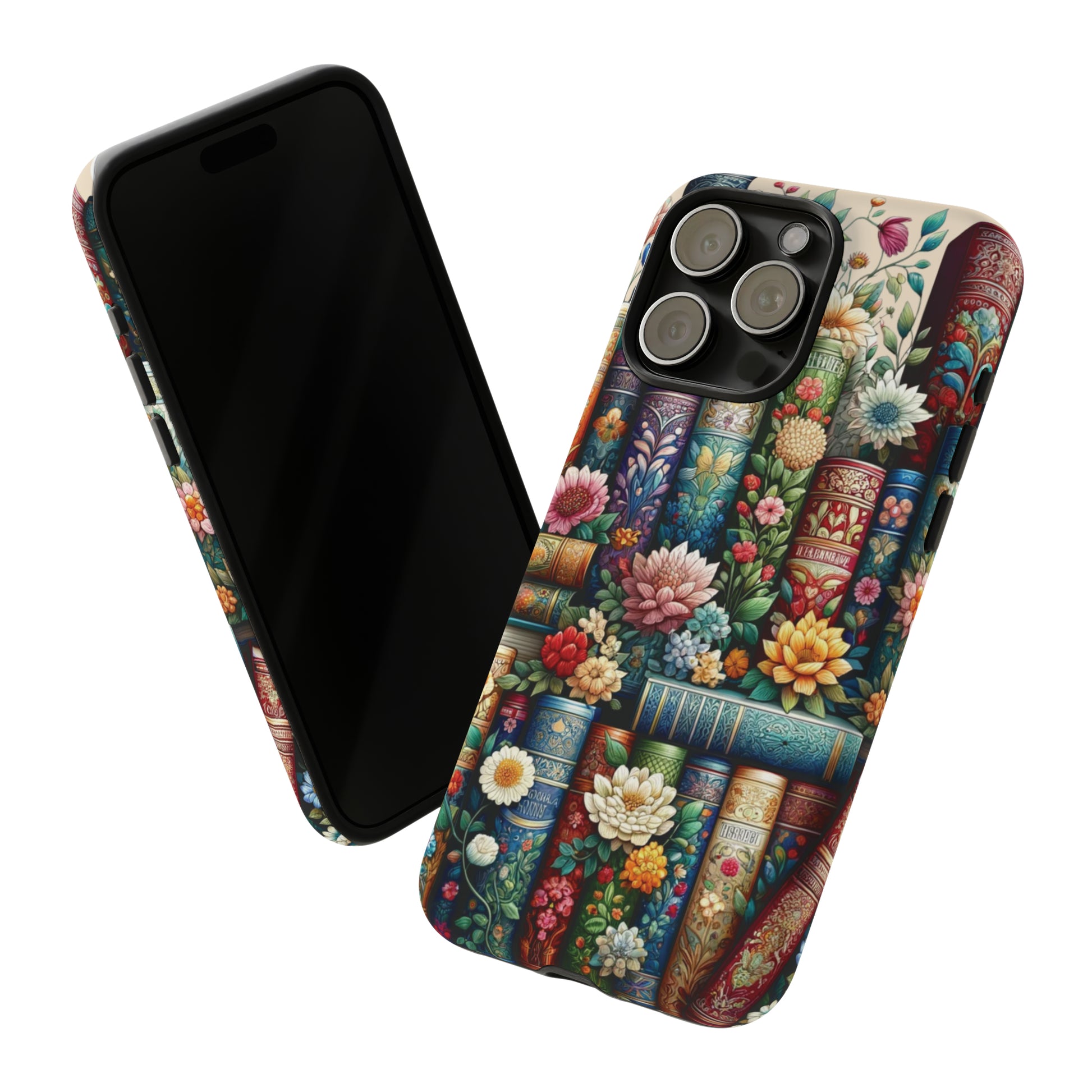 Books and Floral Boho Luxury Phone Tough Case Floral Elegant Durable Stylish for Modern Devices iPhone 15, Samsung iPhone Samsung Accessory Gift for Her.