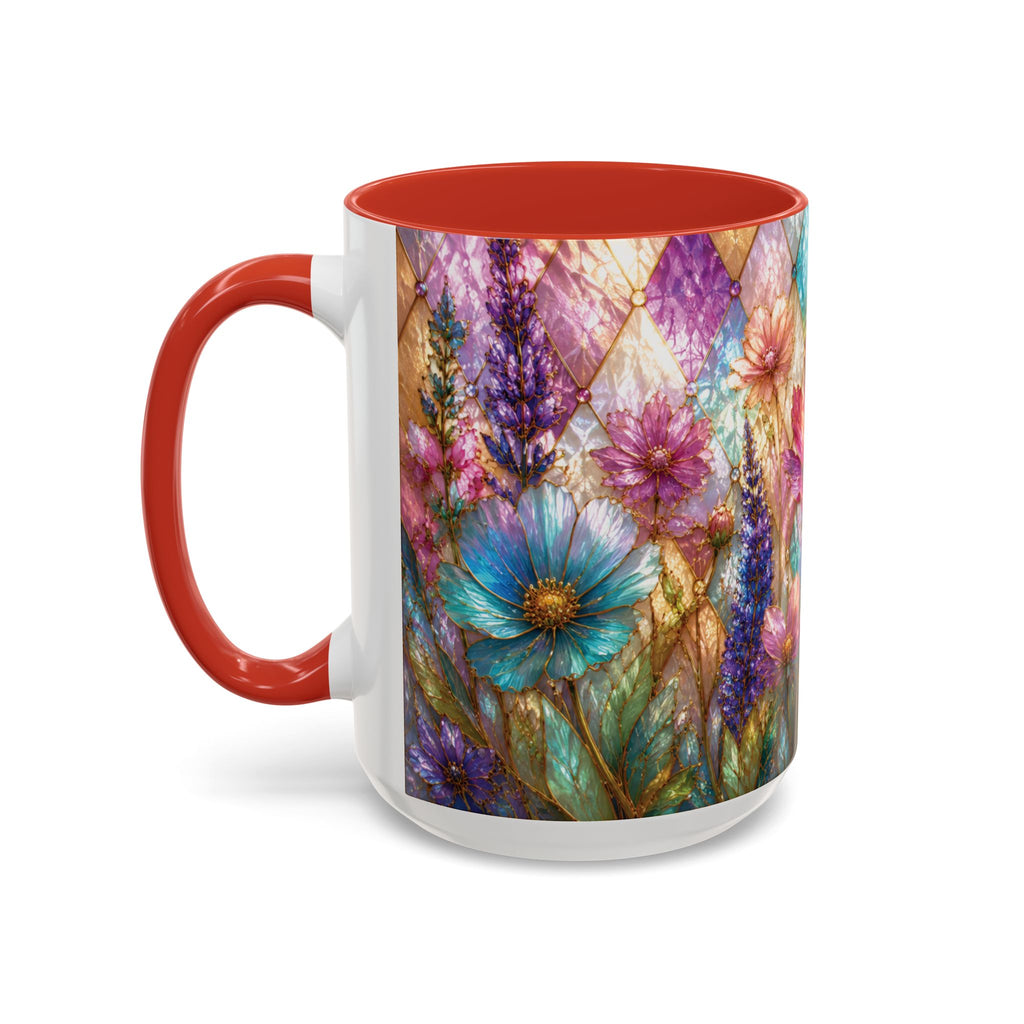 Floral Mosaic Accent Coffee Mug — Colorful Garden Flowers 11/15oz Stain Glass Illusion