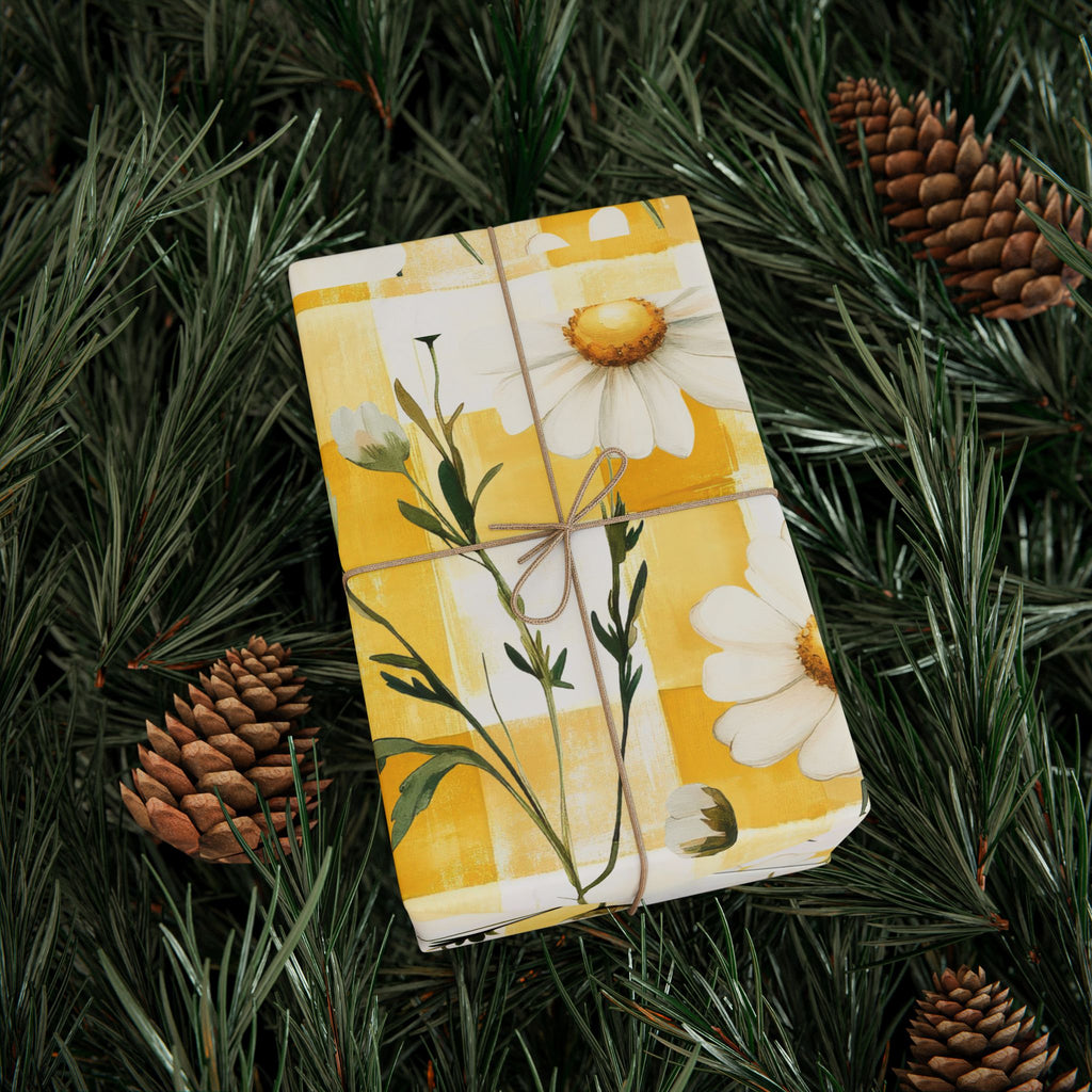 Papier Cadeau Jaune Pastel à Carreaux Marguerite — Papier Cadeau Floral Printanier