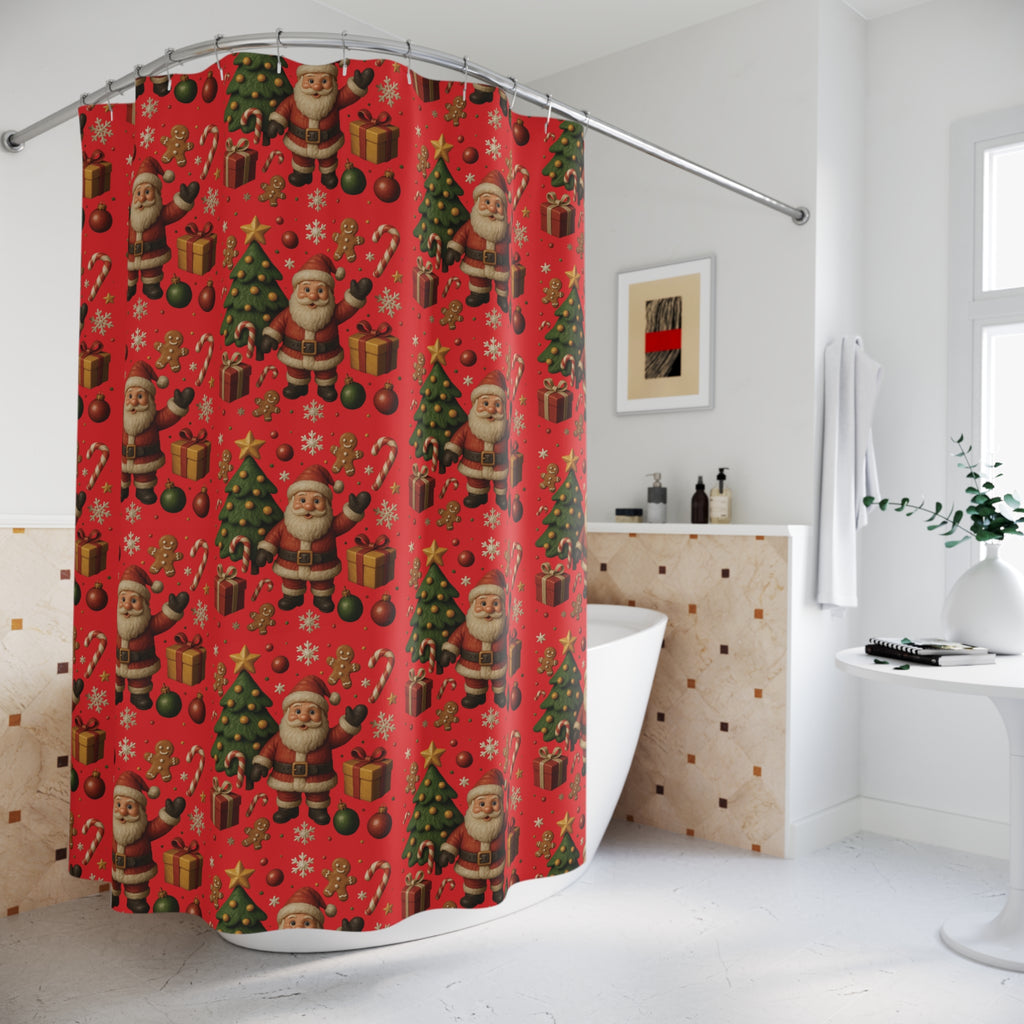 Santa & Tree Christmas Shower Curtain  Holiday Bathroom Decor with Gingerbread, Candy Canes, Ornaments Festive Winter Home Accent Hooks Not Included