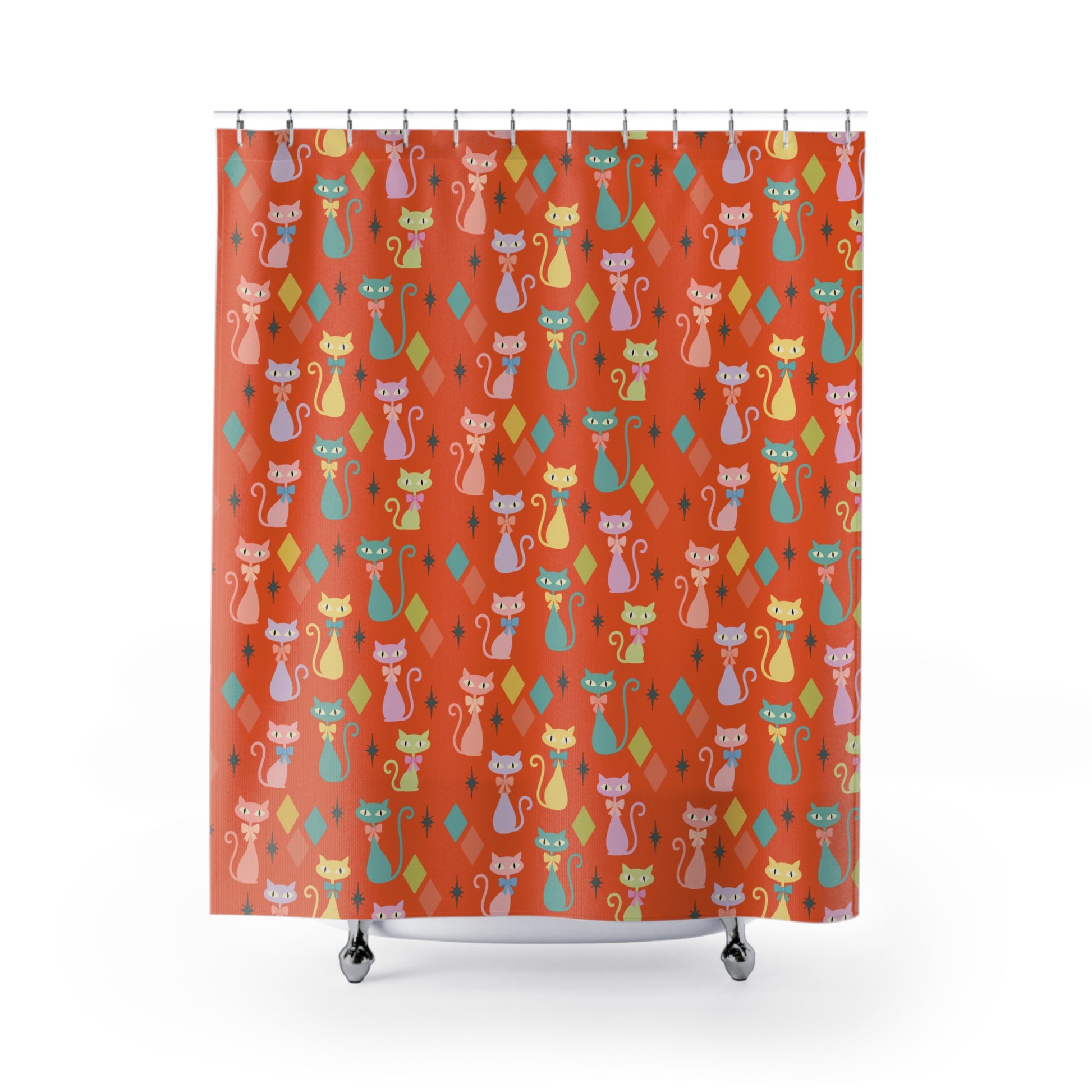 Atomic Cat Shower Curtain  Mid‑Century Modern Orange Retro Cat Bathroom Decor, Vintage Cat Lover Gift, 71×74 in Fabric Curtain Hooks Not Included