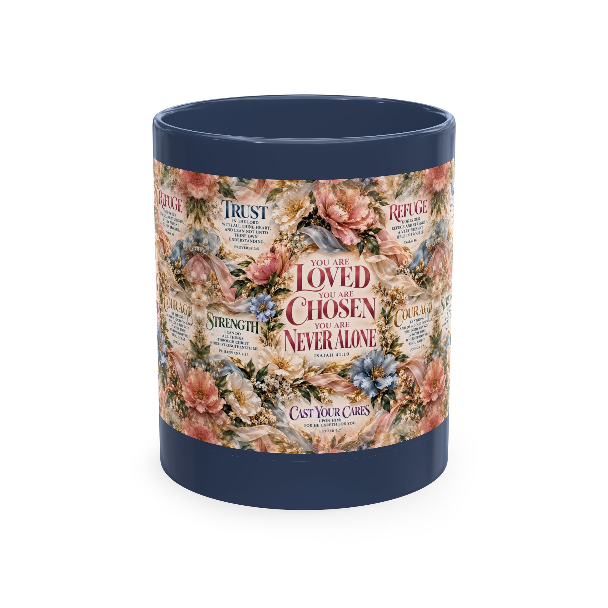 Loved Chosen Never Alone Coffee Mug | Christian Encouragement Gift for Her | Faith Floral Cup