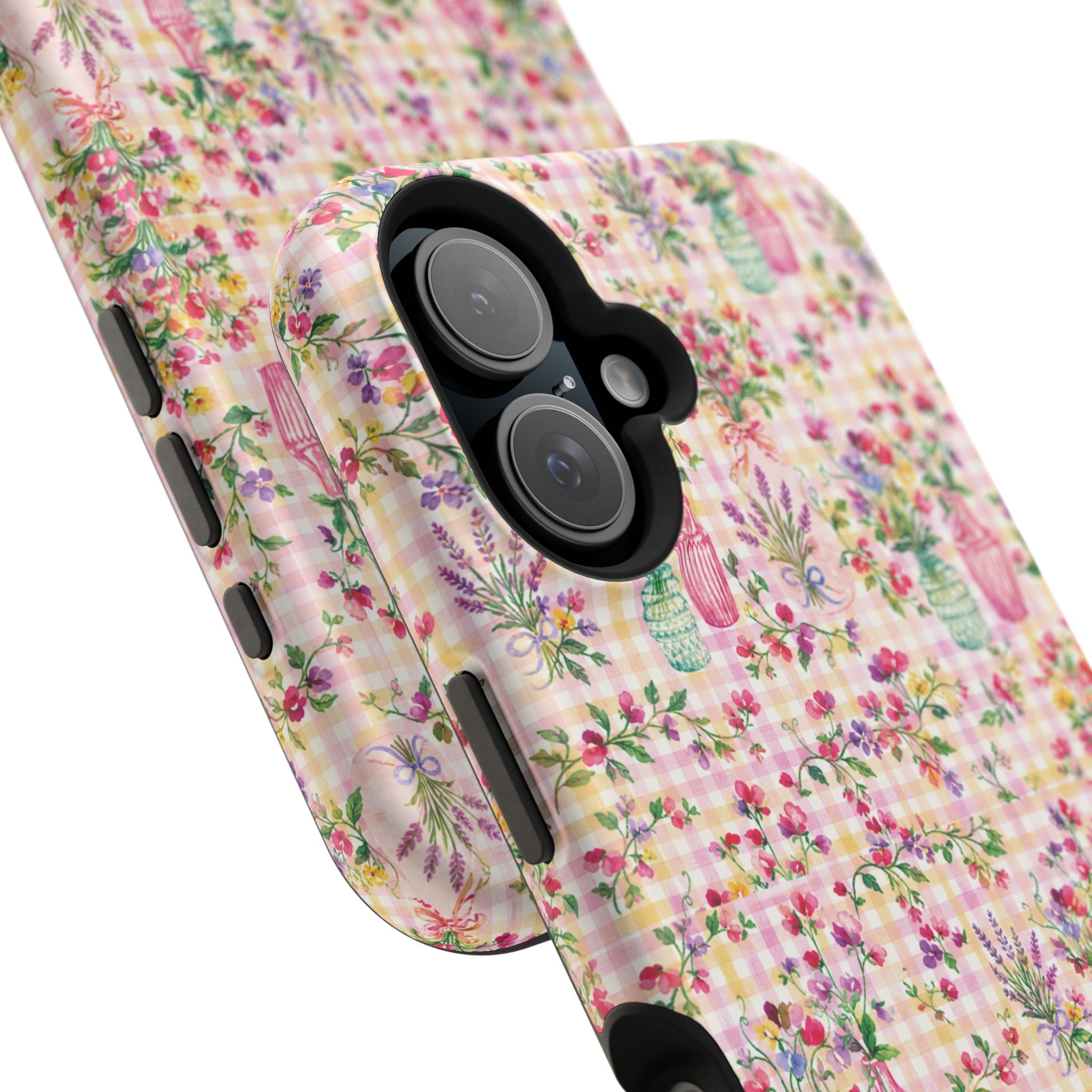 Turquoise & Pink Floral Checker Phone Case — Magnetic Impact-Resistant