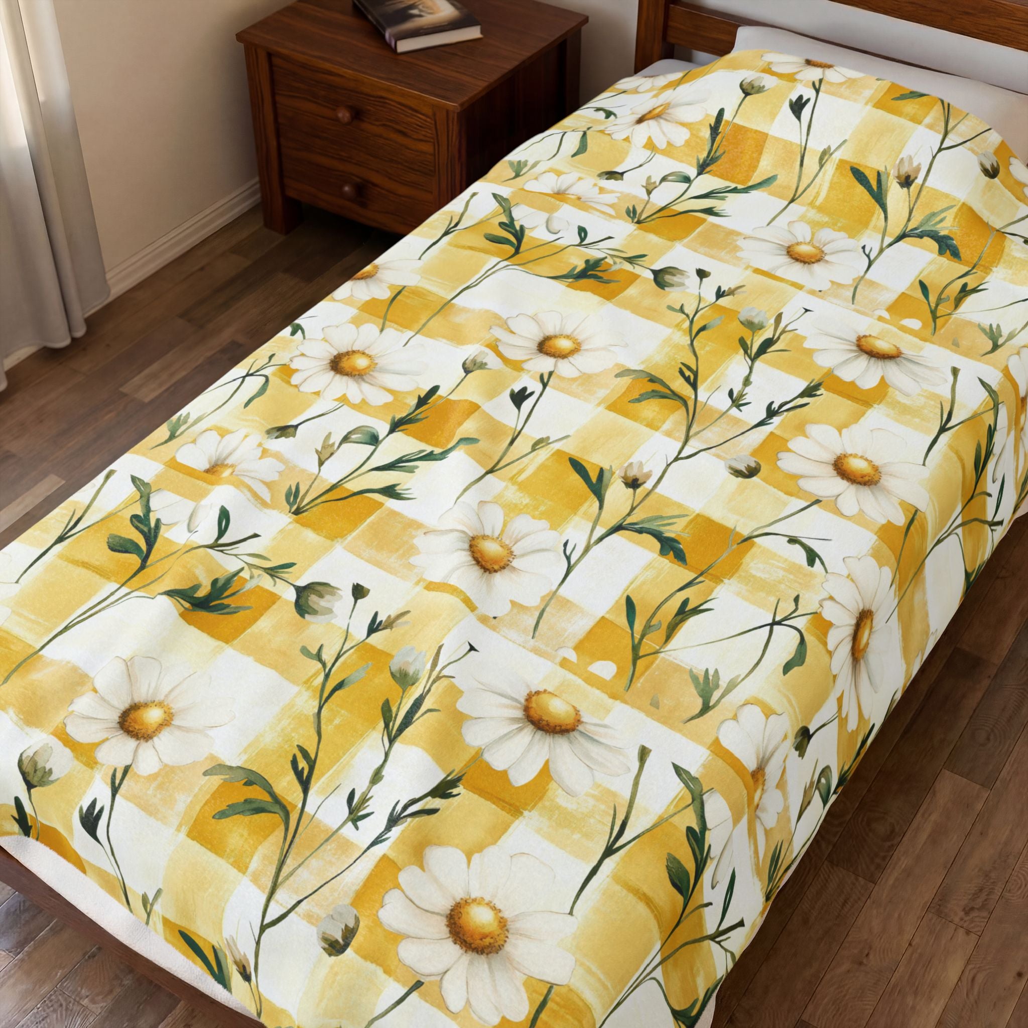Pastel Yellow Daisy Checker Velveteen Plush Blanket — Spring Floral Cozy Throw