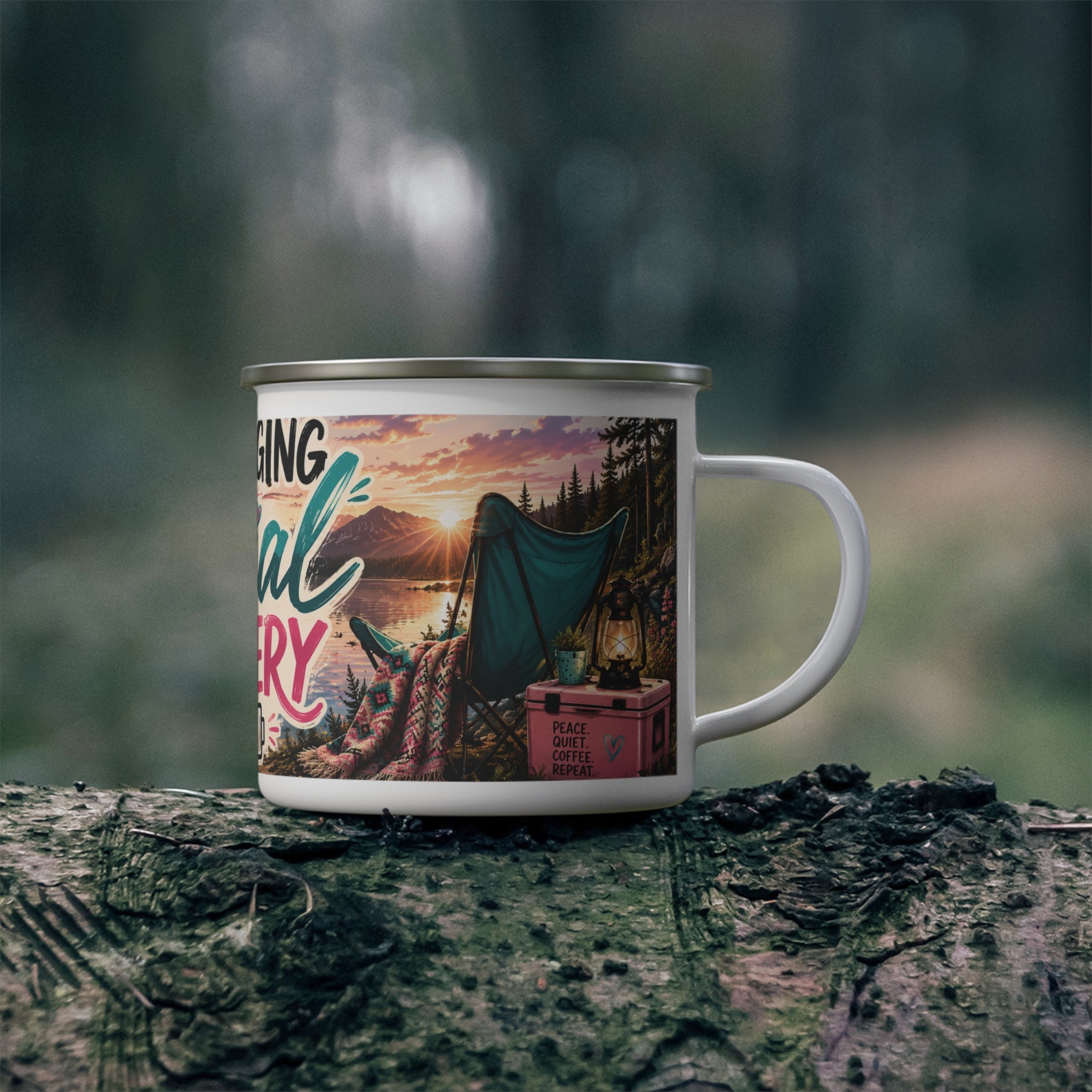 Enamel Camping Mug — "Recharging My Social Battery" Scenic Camper Coffee Cup
