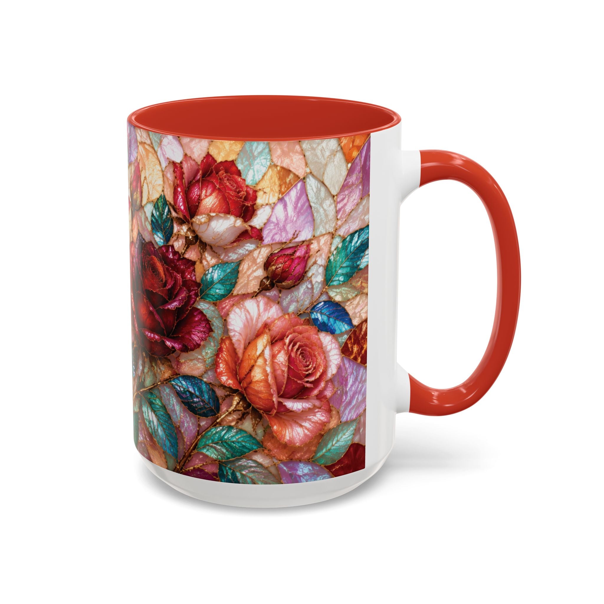 Floral Stained-Glass Accent Coffee Mug Colorful Rose Pattern (11/15 oz) Gift for Her
