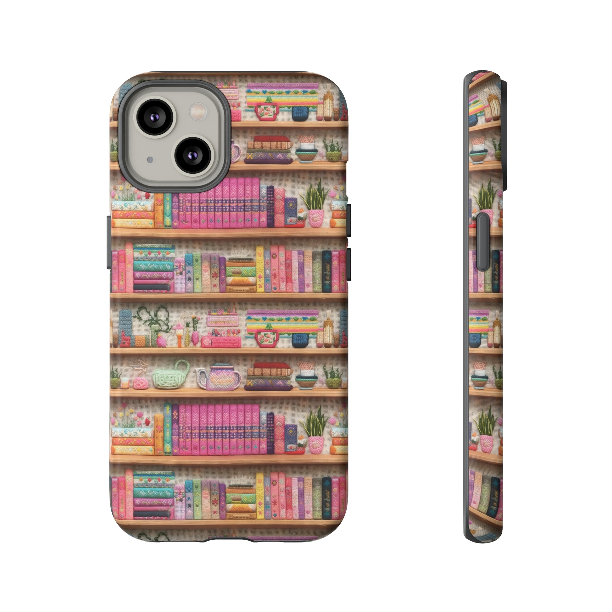 Phone Case 3D Illusion Books & Shelf Embroidery Design with Vibrant Colors Gift for Her Phone 15, Samsung iPhone Samsung Gift for Her Case iPhone 15, Samsung iPhone Samsung Accessory Gift for Her.