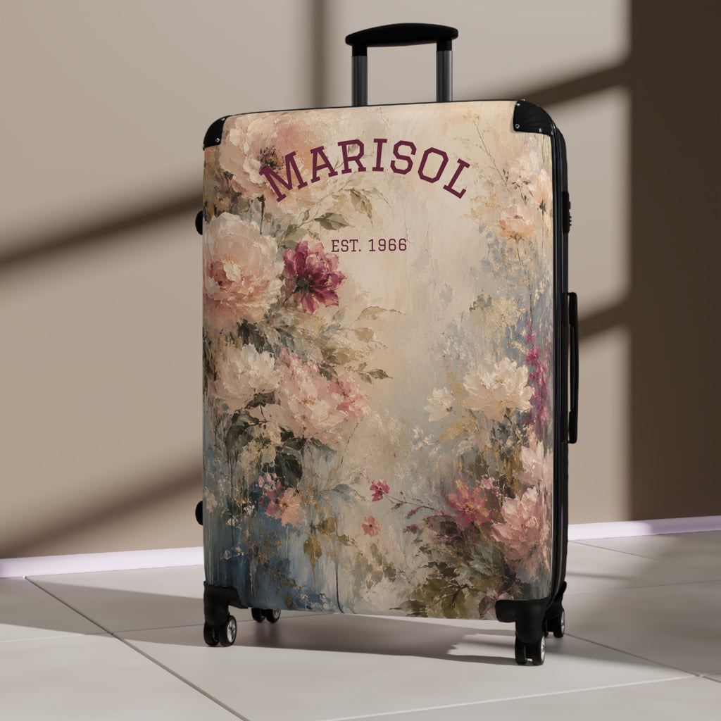 Personalized Floral Suitcase Cover — "Custom Name" Vintage Roses Travel Luggage