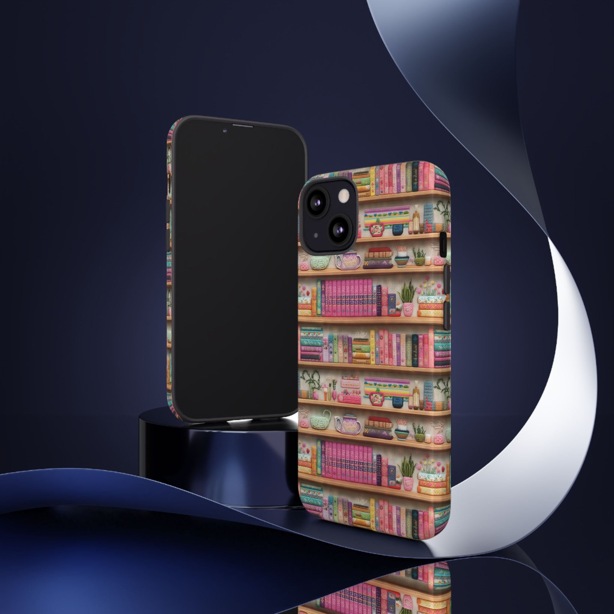 Whimsical 3D Embroidery Illusion Books on Pastel Shelves Phone Case for iPhone, Samsung & Pixel: Unique Accessory for Literary Enthusiasts Gift for Her Perfect for Floral Lover