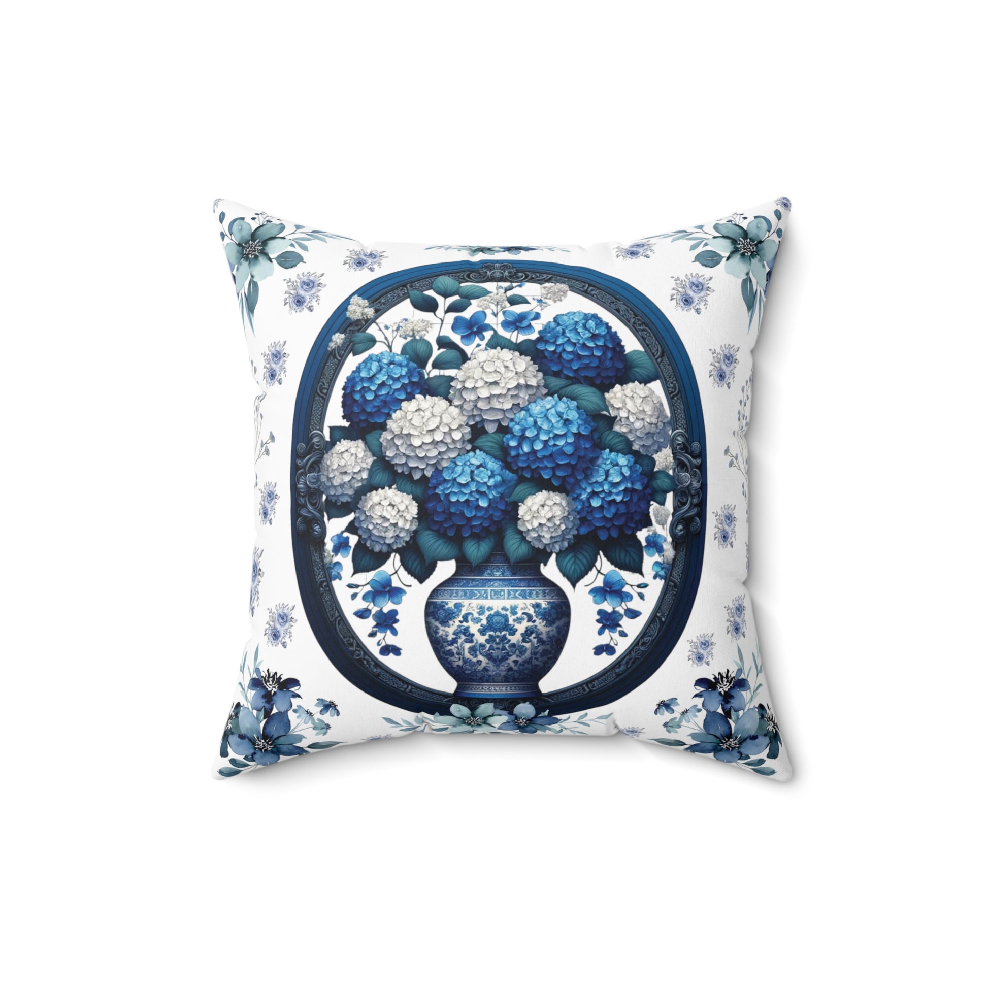 Square Pillow Vintage Chinoiserie Hydrangeas Square Pillow: Elegant Blue White Victorian Frame Ideal for Luxurious Home Decor Comfort for Living Room, Bedroom or Housewarming Gift New House, Bridal Shower Gift.