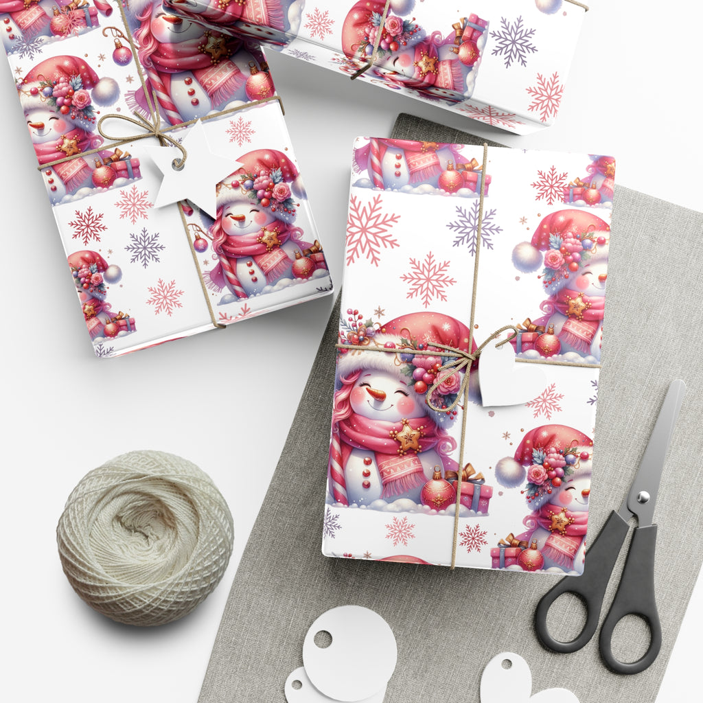 Enchanting Pink Christmas Wrapping Paper Whimsical Winter Wonderland with Pastel Trees, Snowflakes, and Festive Gifts Perfect for a Magical Holiday Season in Matte/Satin, All Occasion - MRSBYVALLE