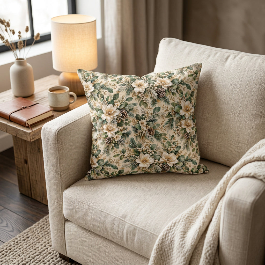 A square decorative throw pillow featuring a vintage-style floral and botanical pattern with cream flowers, green leaves, and small pinecones on a warm beige background, shown against a plain white studio backdrop.