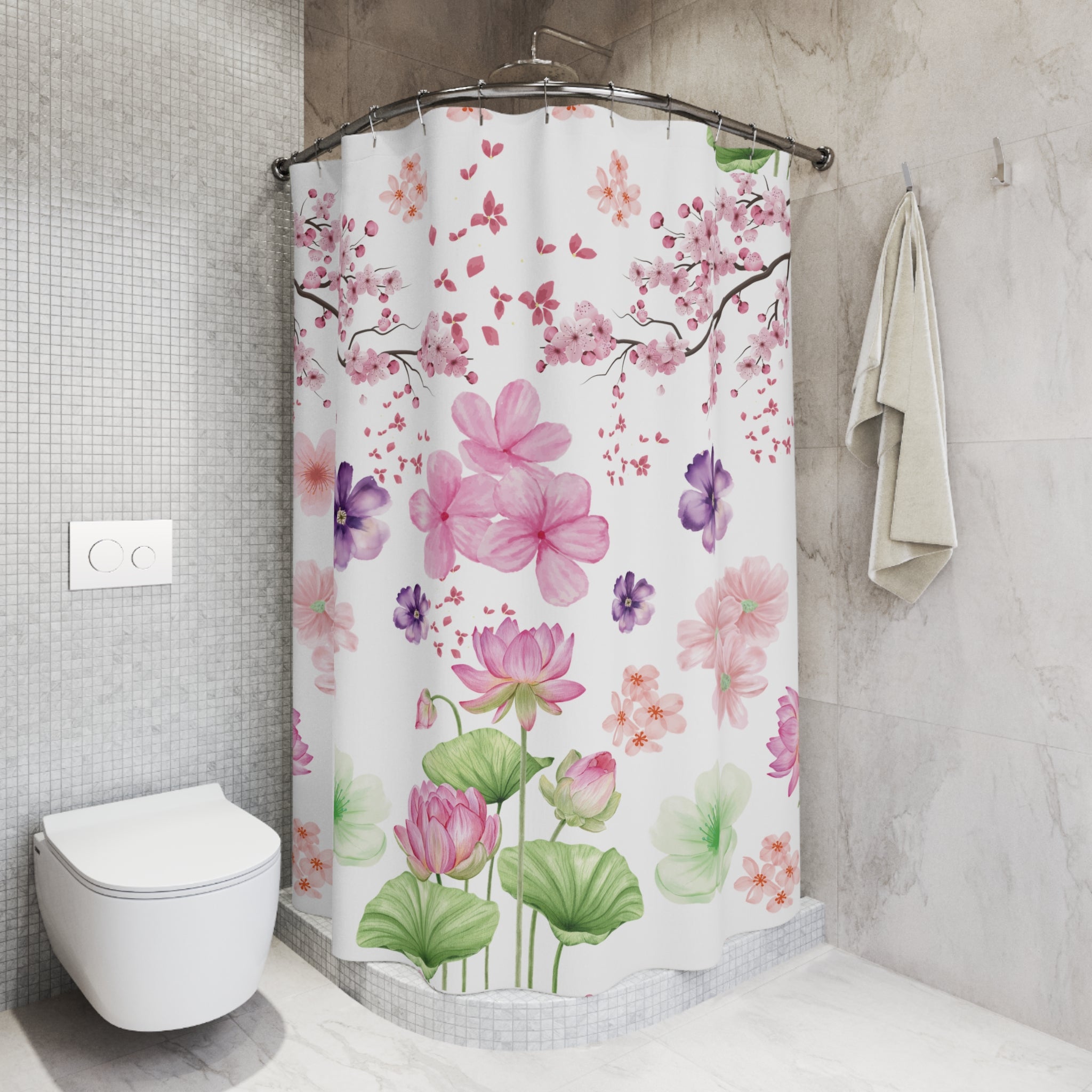 Pink and Purple with Cherry Blossoms Shower Curtain Stylish Bathroom Decor, Perfect for a Fresh, Elegant Look and Durable for a Fresh, Stylish LookWedding Gift for Mom Bridal Shower Gift Newlywed