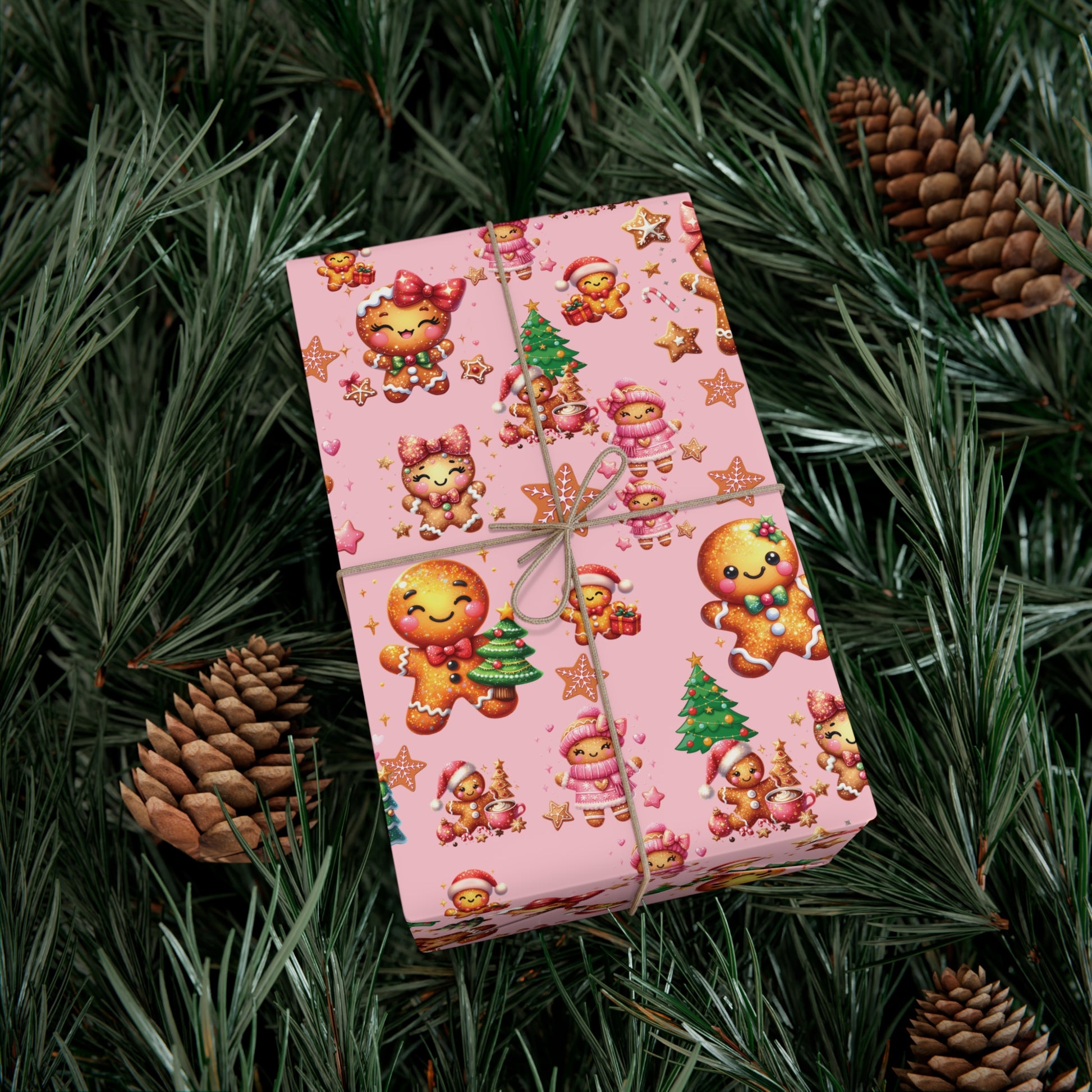 Pink gift box with gingerbread man and tree design on a green leafy background